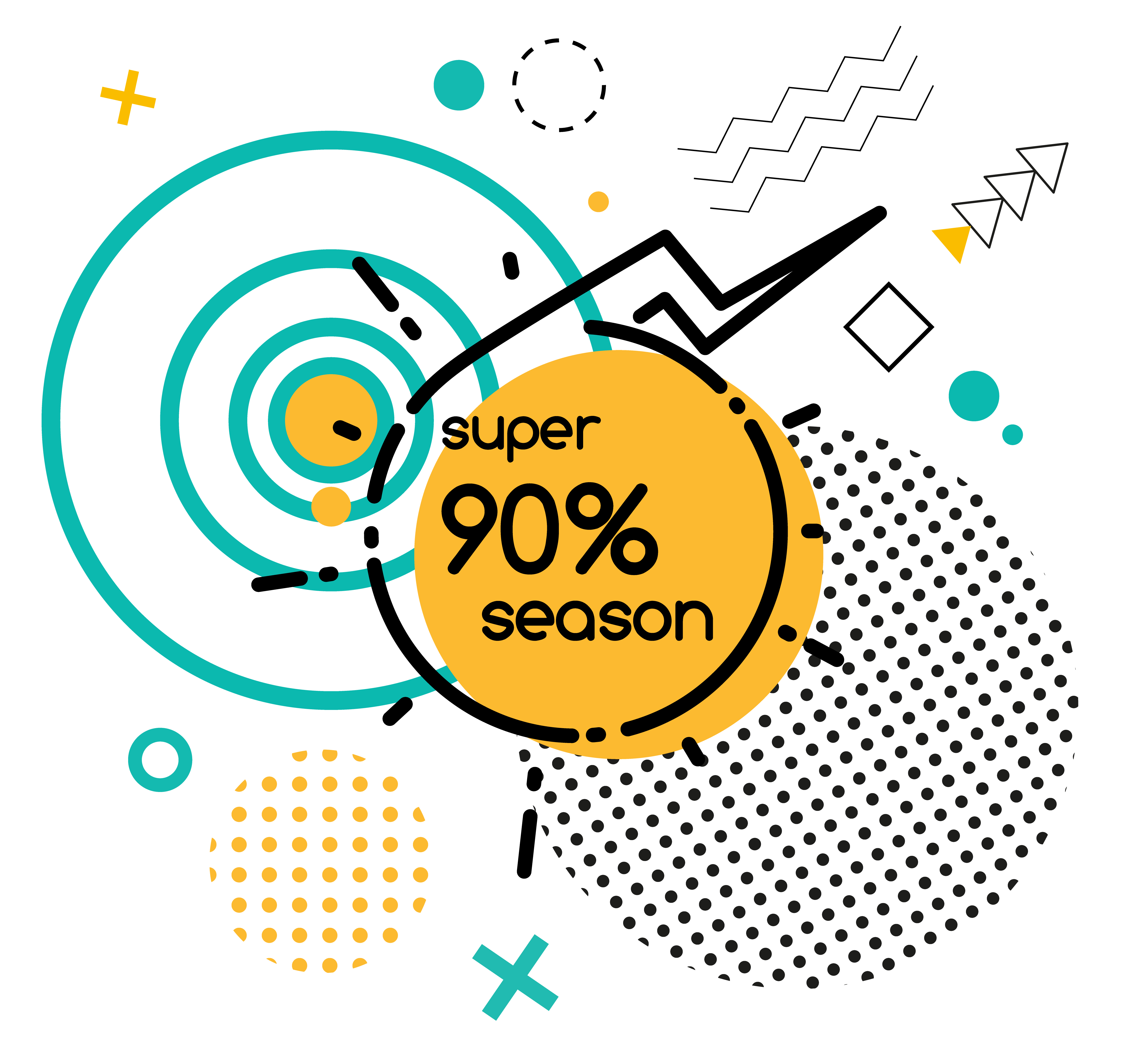 Super sale, season discount up to 90 percent off isolated geometric shapes in memphis style. Vector total final price reduction, coupon with info about price off, memphis cartoon style illustration. Total Sale 90 Percent Off Isolated Geometry Shapes