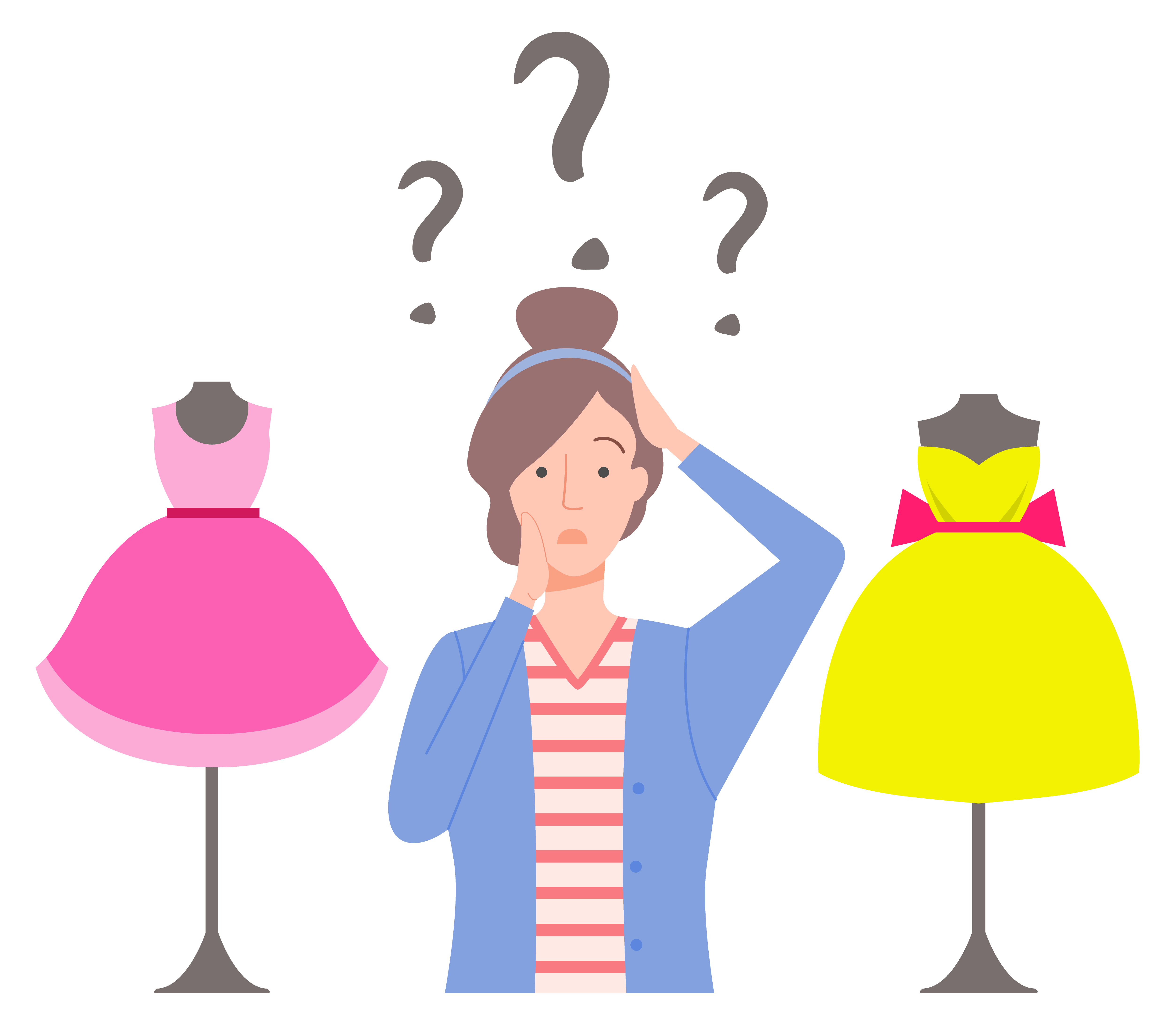 Woman and question marks above head vector, isolated female character with mannequins with clothes on. Dress and clothes costume, fashion store showcase. Confused Woman and Clothes, Shopping Female Vector