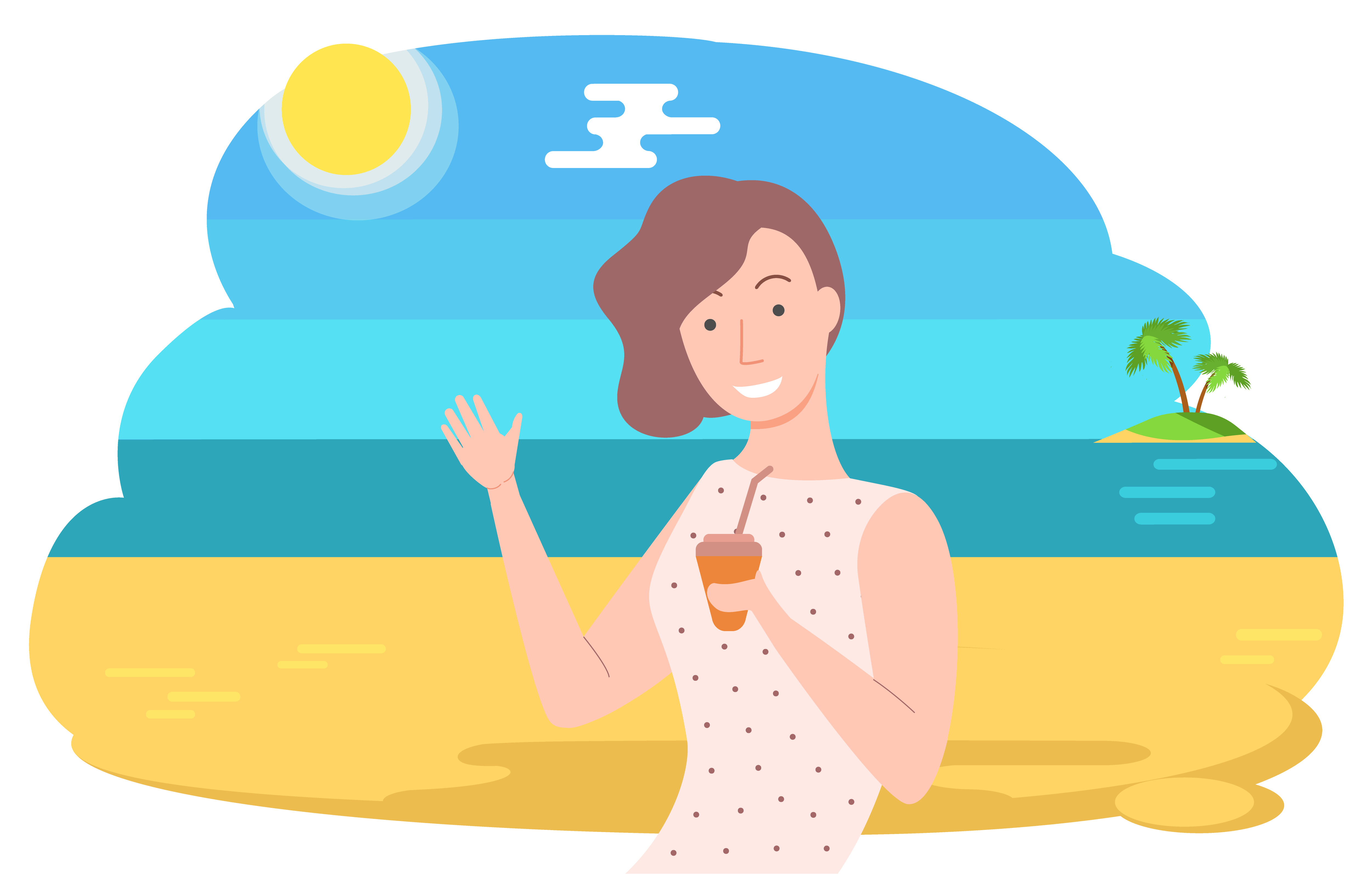 Seascape and woman vector, female character relaxing on coast, beach with water and palm tree. Sunshine and summer vibes, lady with plastic cup drink. Woman on Vacation Sea Drinking Beverage in Cup