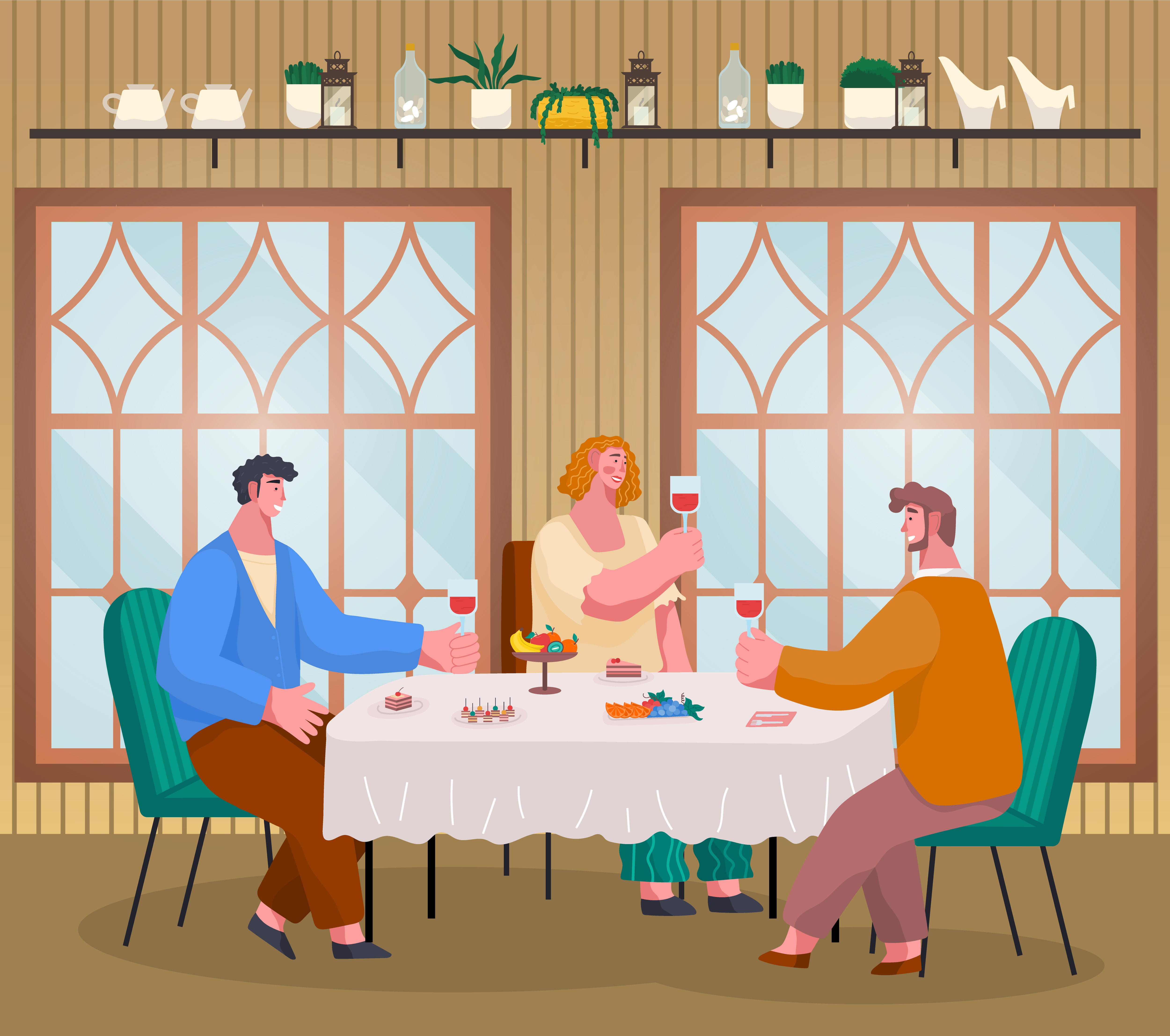Home reception of man and woman sitting at table with dessert and fruit rising glasses of wine. Meeting toast of male and female friends indoor. People drinking alcohol and eating cake vector. Friends Meeting at Home with Cake and Wine Vector