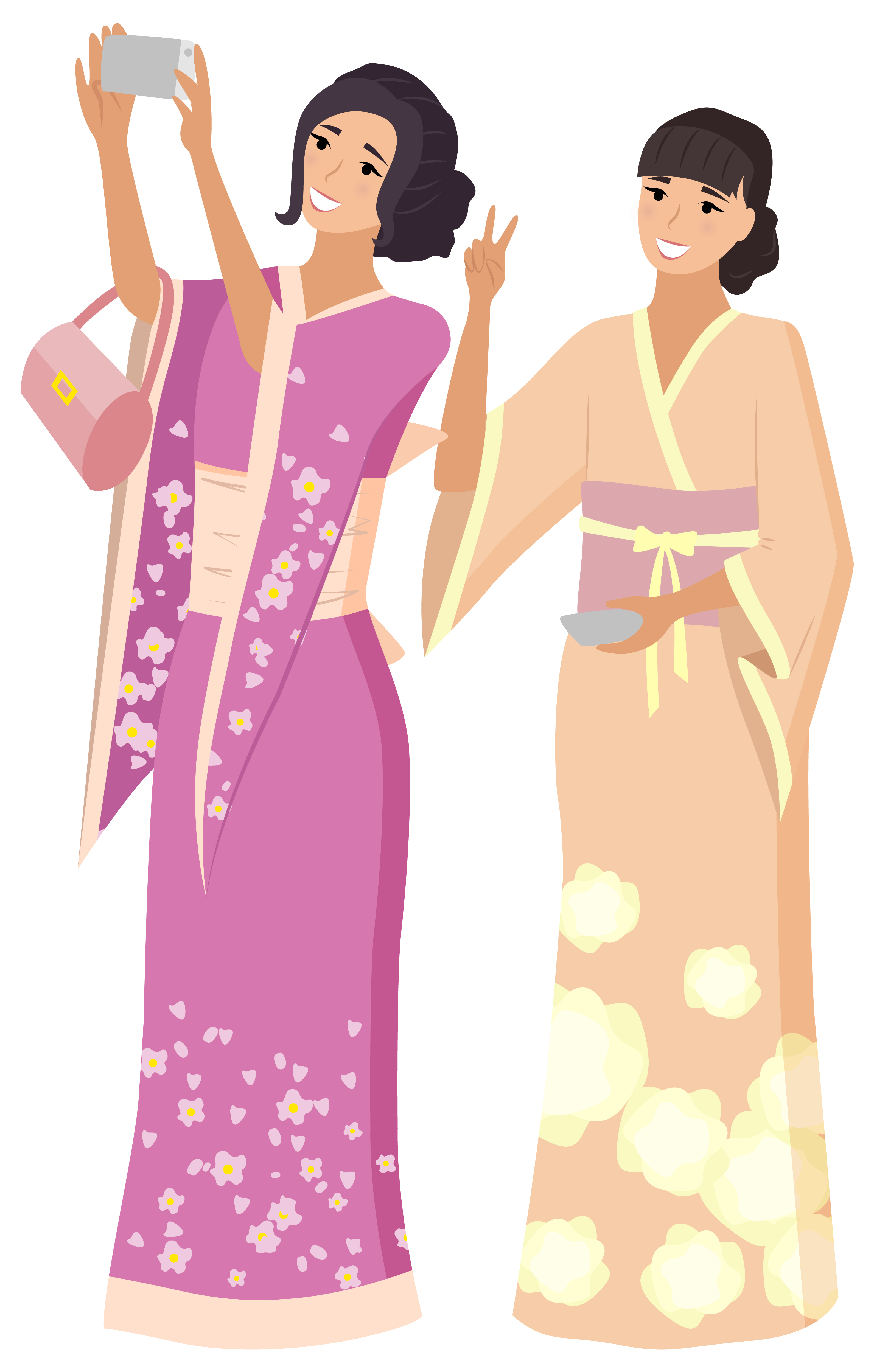 Woman wearing traditional clothes vector, geisha in kimono. Ornamental texture of clothing of female, ladies taking selfie with smartphone, holiday. Geisha Japanese Women with Smartphone People Joy