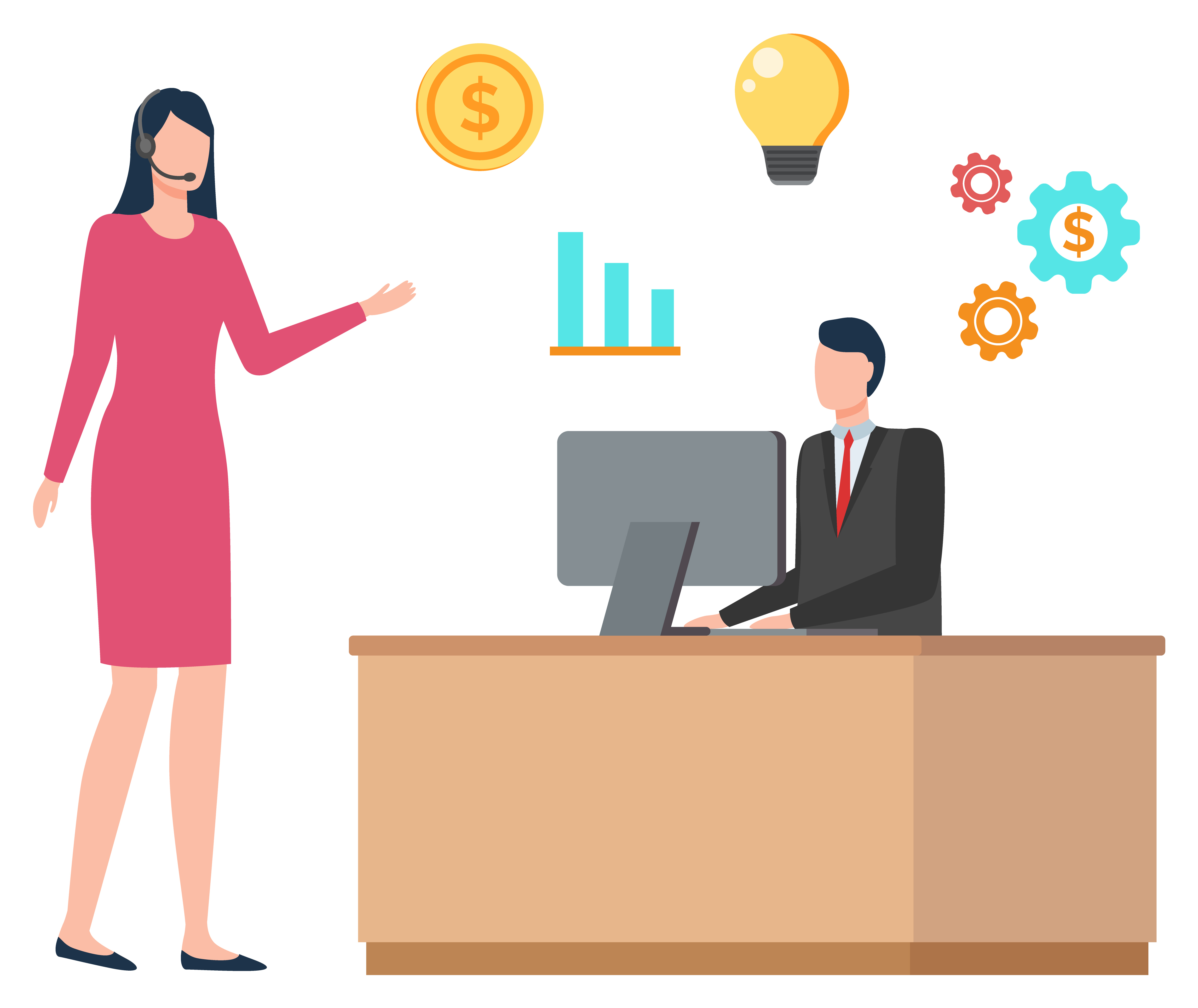 Man wearing black suit and tie sitting at desk and working with computer. Woman in headset wearing pink. Office communication concept. Light bulb, gears, diagram and coin icons vector illustration. Man Working with Computer, Woman in Headset Vector