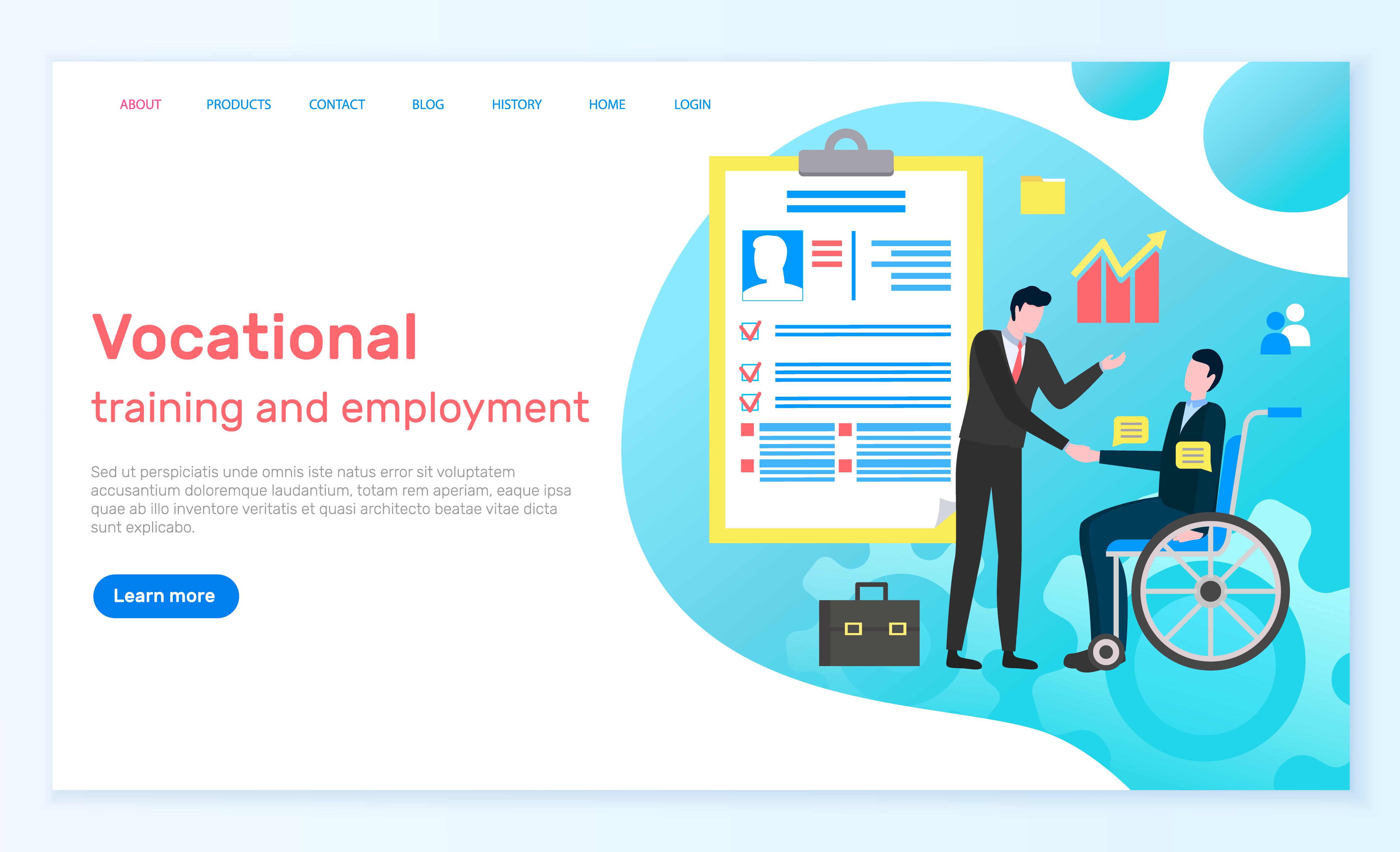 Vocational training and employment, disabled person on wheel chair working in business company. Boss and employee, profile with info on candidate cv. Website or webpage template, landing page vector. Vocational Training and Employment Website Page