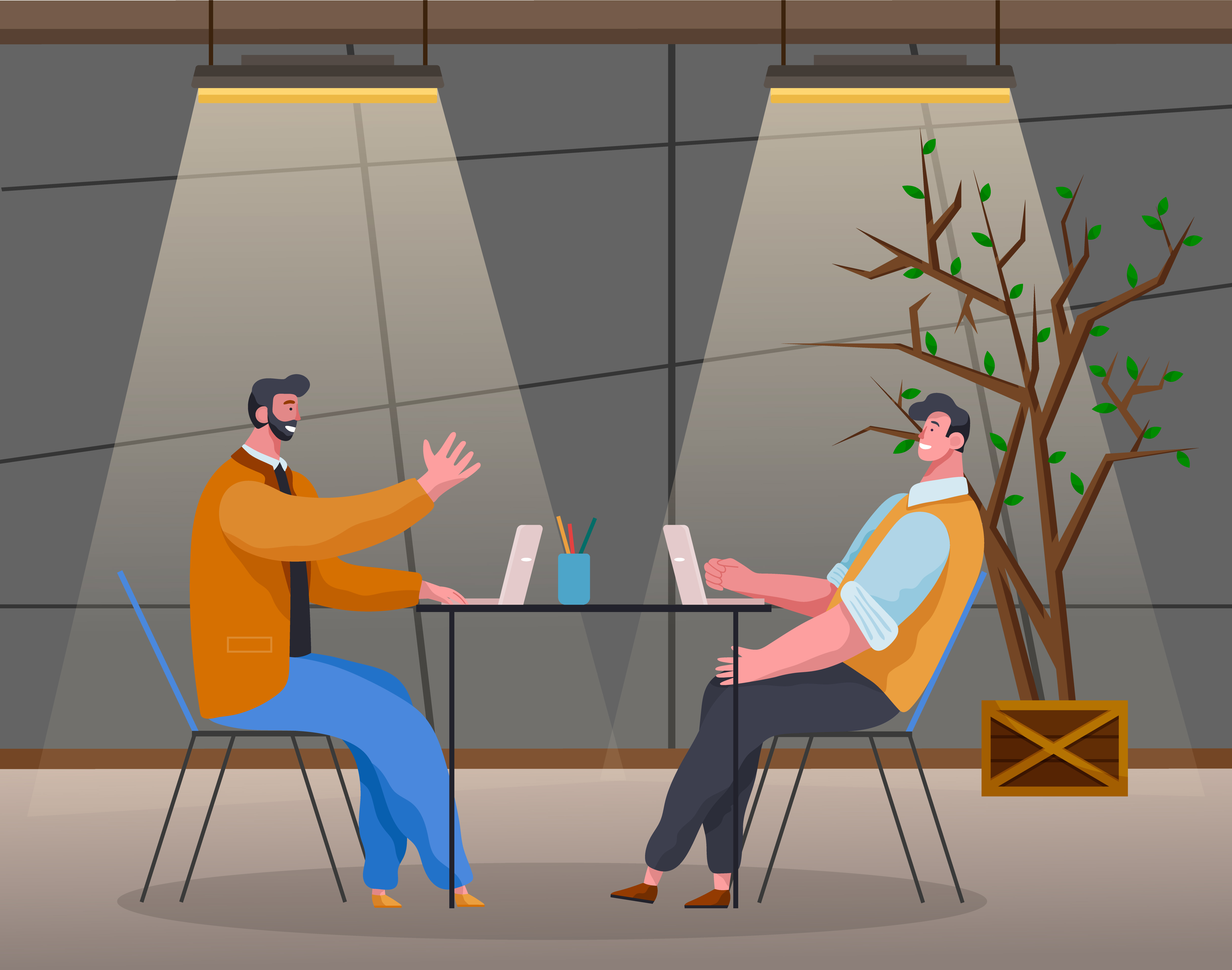Business characters discussing company problems in office. Boss and employee with ideas for development of organization. Interview of new candidate for job. Colleagues in room. Vector in flat style. People Talking in Office, Business Characters