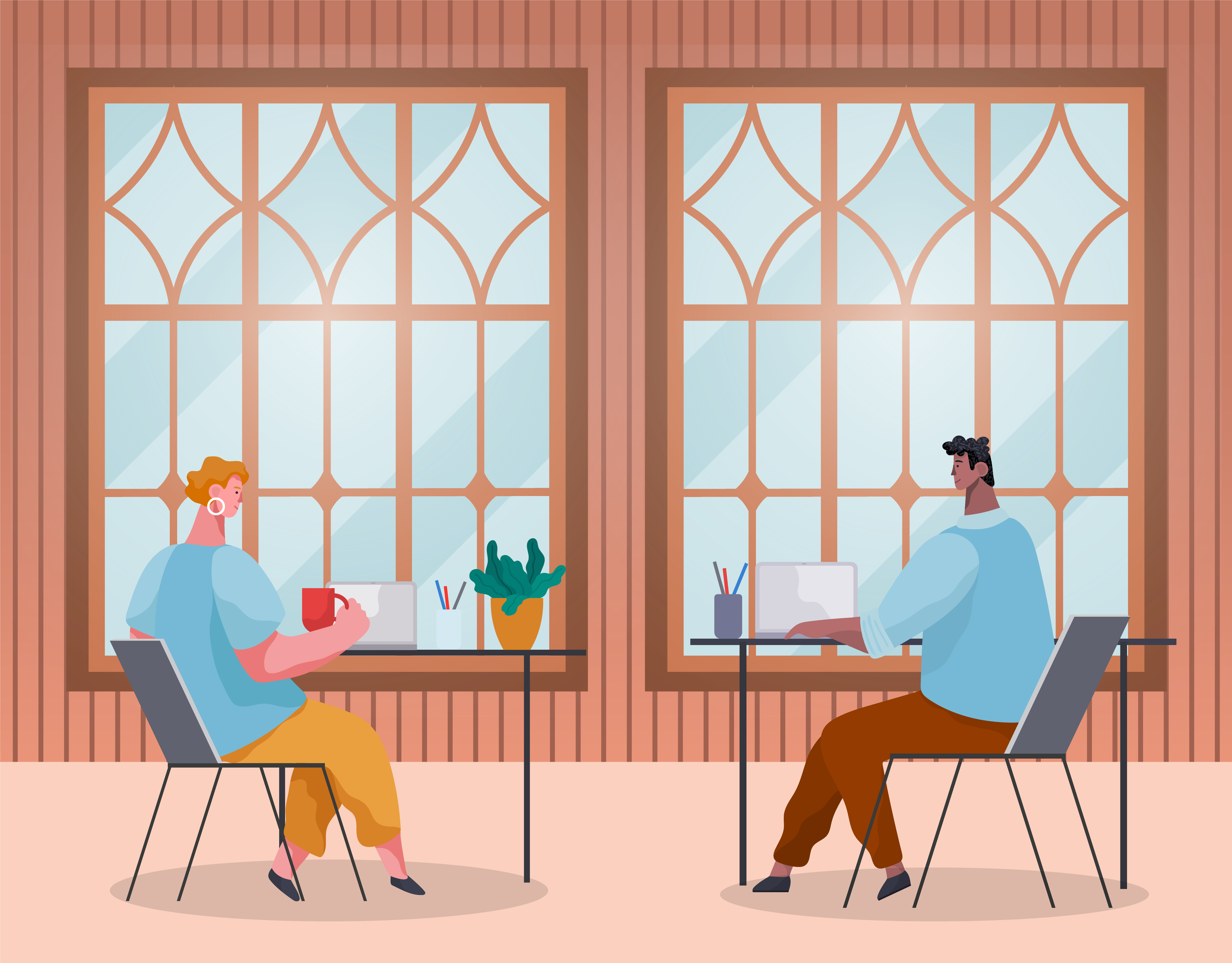 People working by computers in office. Characters at job talking about project. Coworkers at job drinking tea on break. Businesswoman and businessman, teamwork of personages. Vector in flat style. Office Workers at Workplaces with Computers Vector