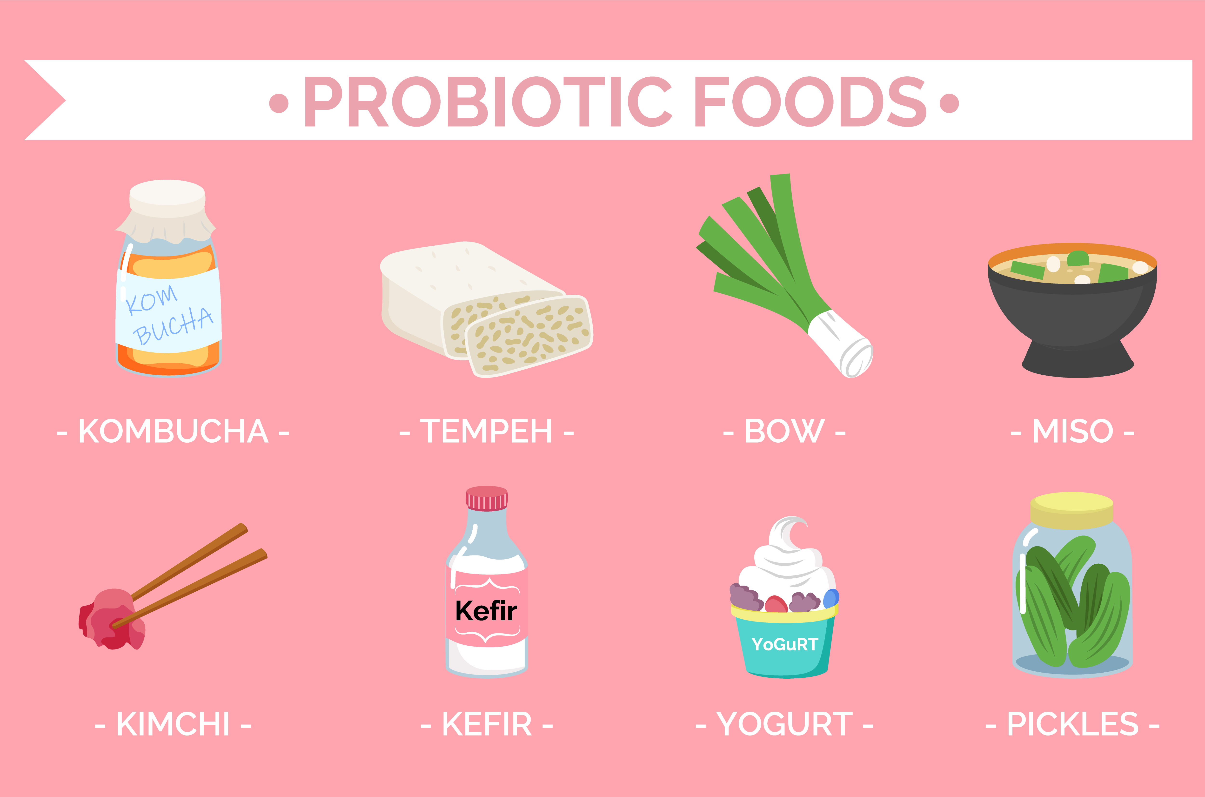 Probiotic foods for healthy digestion and immunity. Kimchi and kombucha, tempeh and bow, miso soup and kefir, pickled cucumber and yogurt. Organic vegetables and dairy products vector in flat. Probiotic Foods, Collection of Meals and Dishes