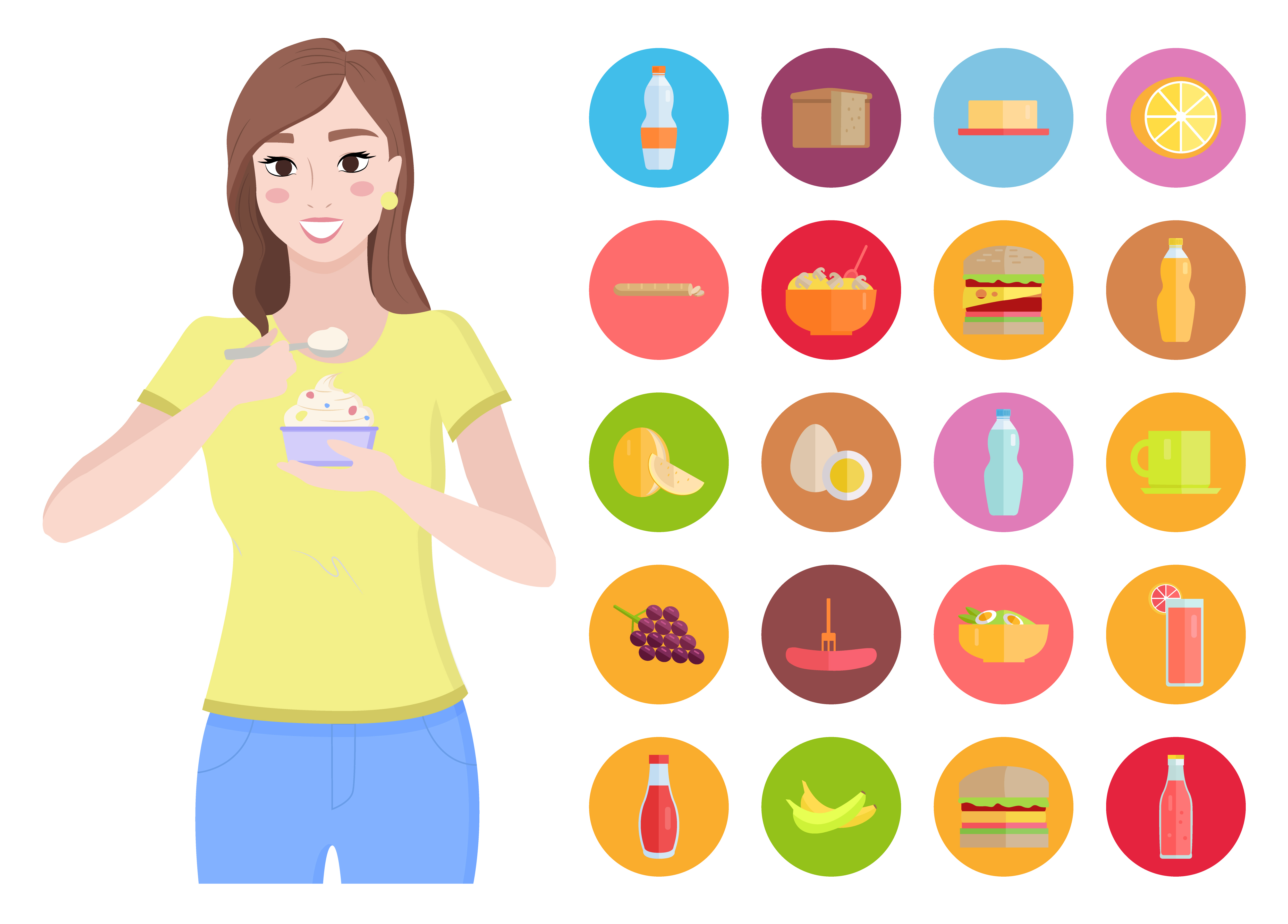 Pretty woman hold cupcake in hands and eat it. Icons with healthy and tasty food with probiotics and natural products. Diet organic meals, fruits and vegetables. Vector illustration in flat style. Woman Eat Cake, Healthy Food, Fruit and Vegetable
