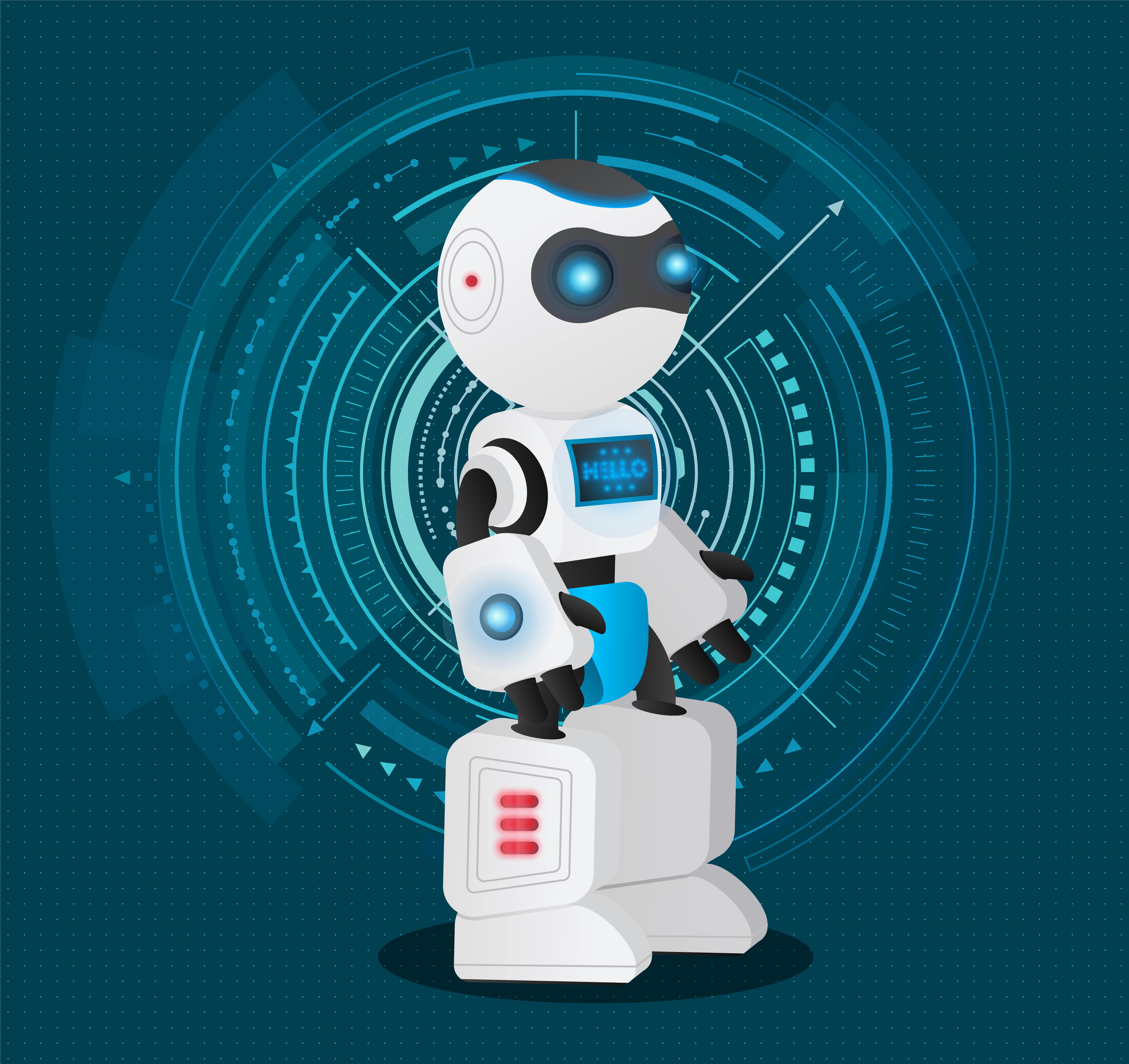 Artificial intelligence character stand in cyber space. Autonomous machine with humanlike interface. Robot capable to make decisions. Vector illustration of innovations and technologies in flat style. Artificial Intelligence, Futuristic Robot Machine