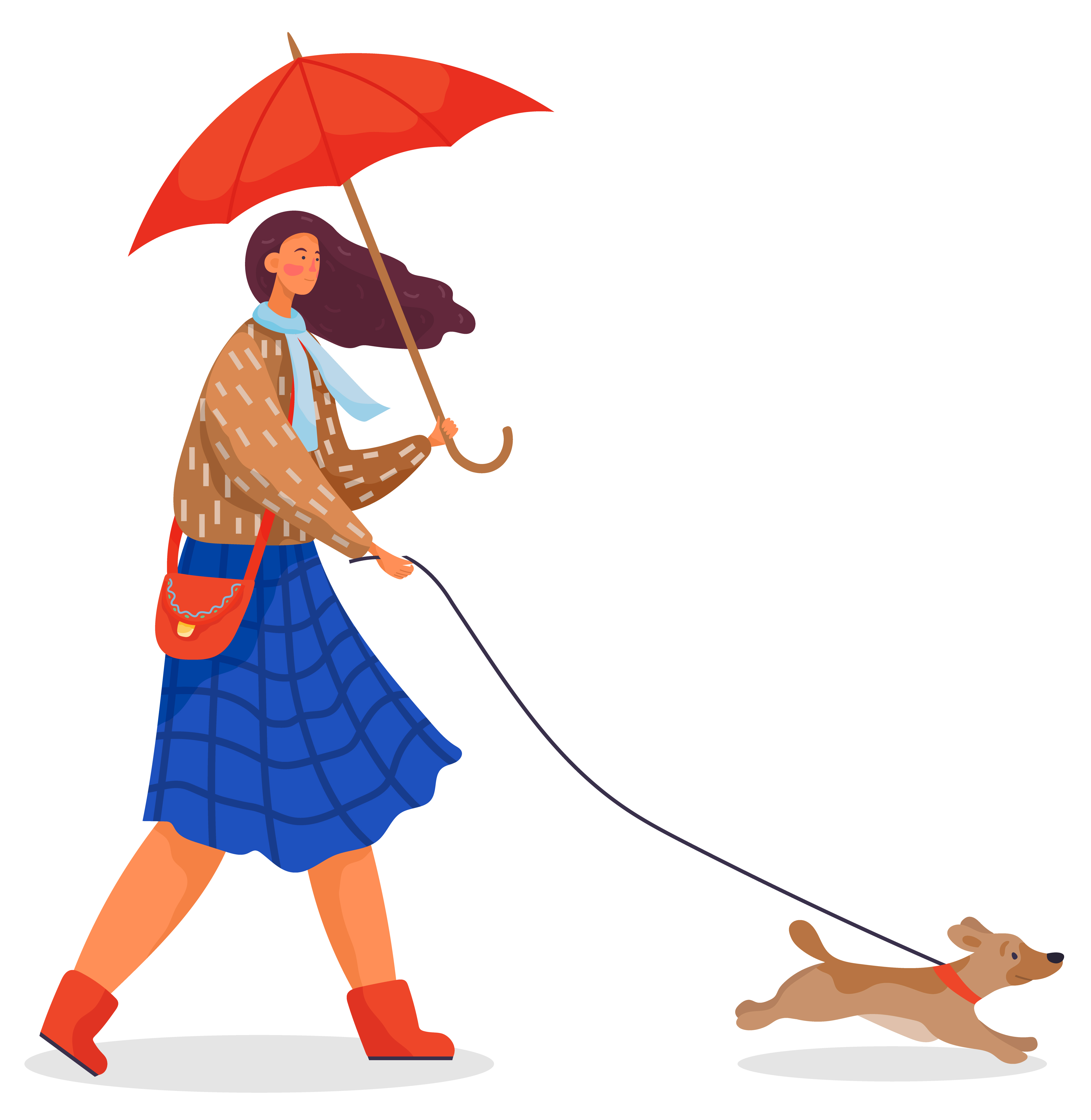 Young woman walk with her pet, puppy in park. Woman stroll with active dog on leash. Person dressed in warm clothes like scarf, coat and carry umbrella. Vector illustration of walking in flat style. Woman Walk with Dog in Autumn Park, Domestic Pet