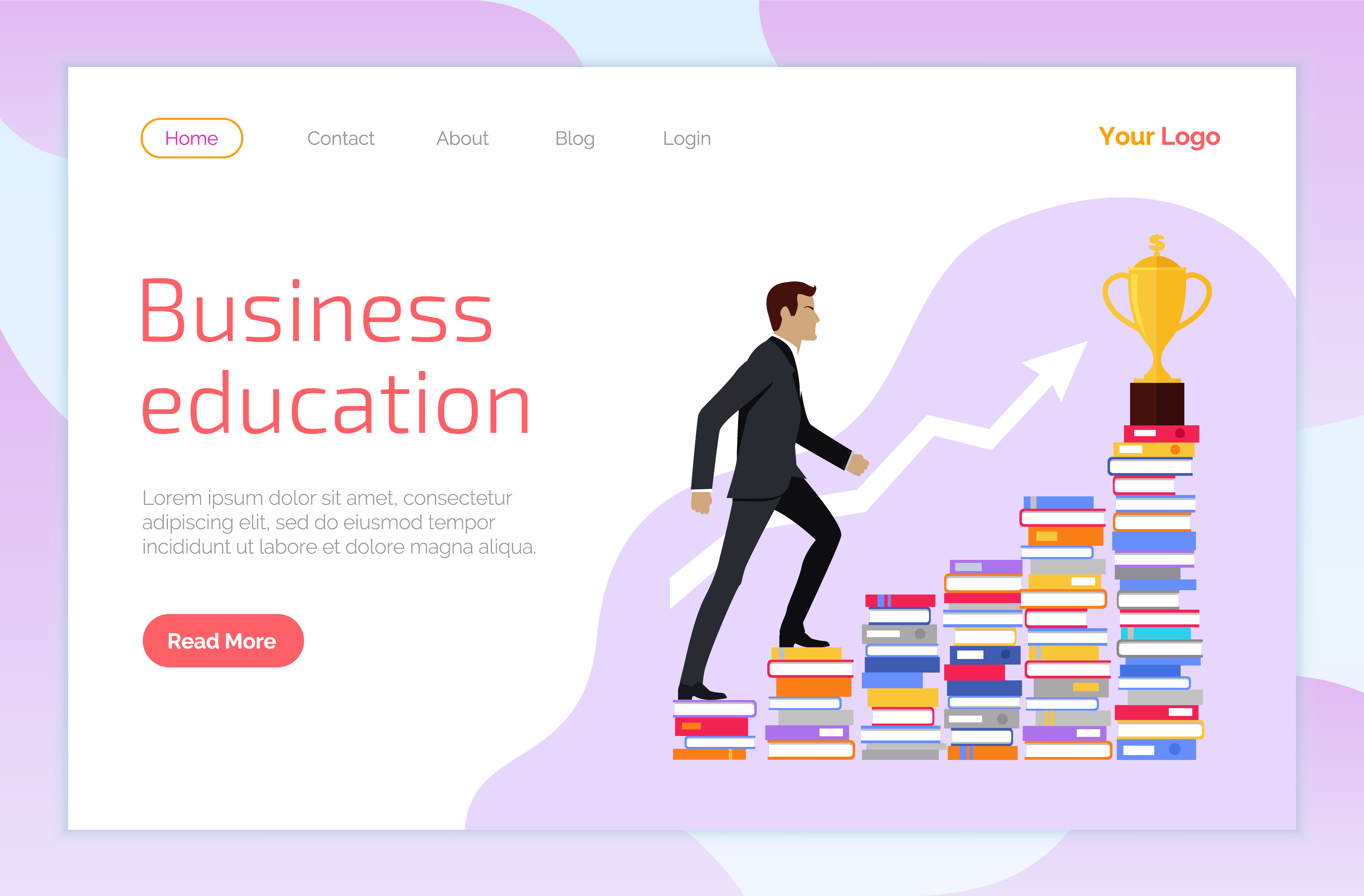 Business education for businessman. Self development and growth, knowledge base for business or startup. Training or master class on success. Website or webpage template, landing page vector. Business Education Self Development Website Page