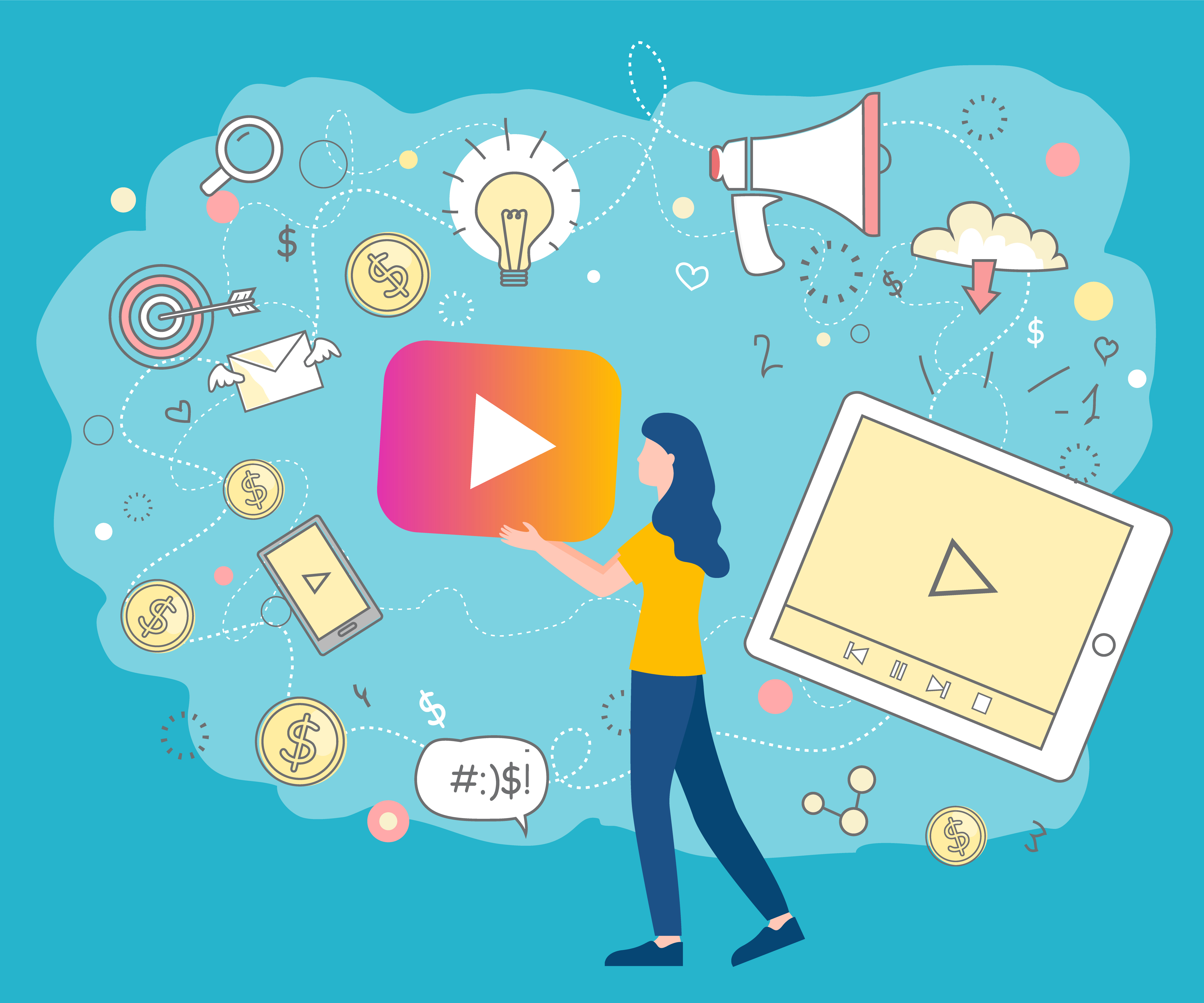 Woman holding play button surrounded by social media icons. Bullhorn for marketing strategy announcement. Budget and finances on project. Ideas for new campaigns or applications. Vector in flat style. Woman Working with Social Media Network Vector