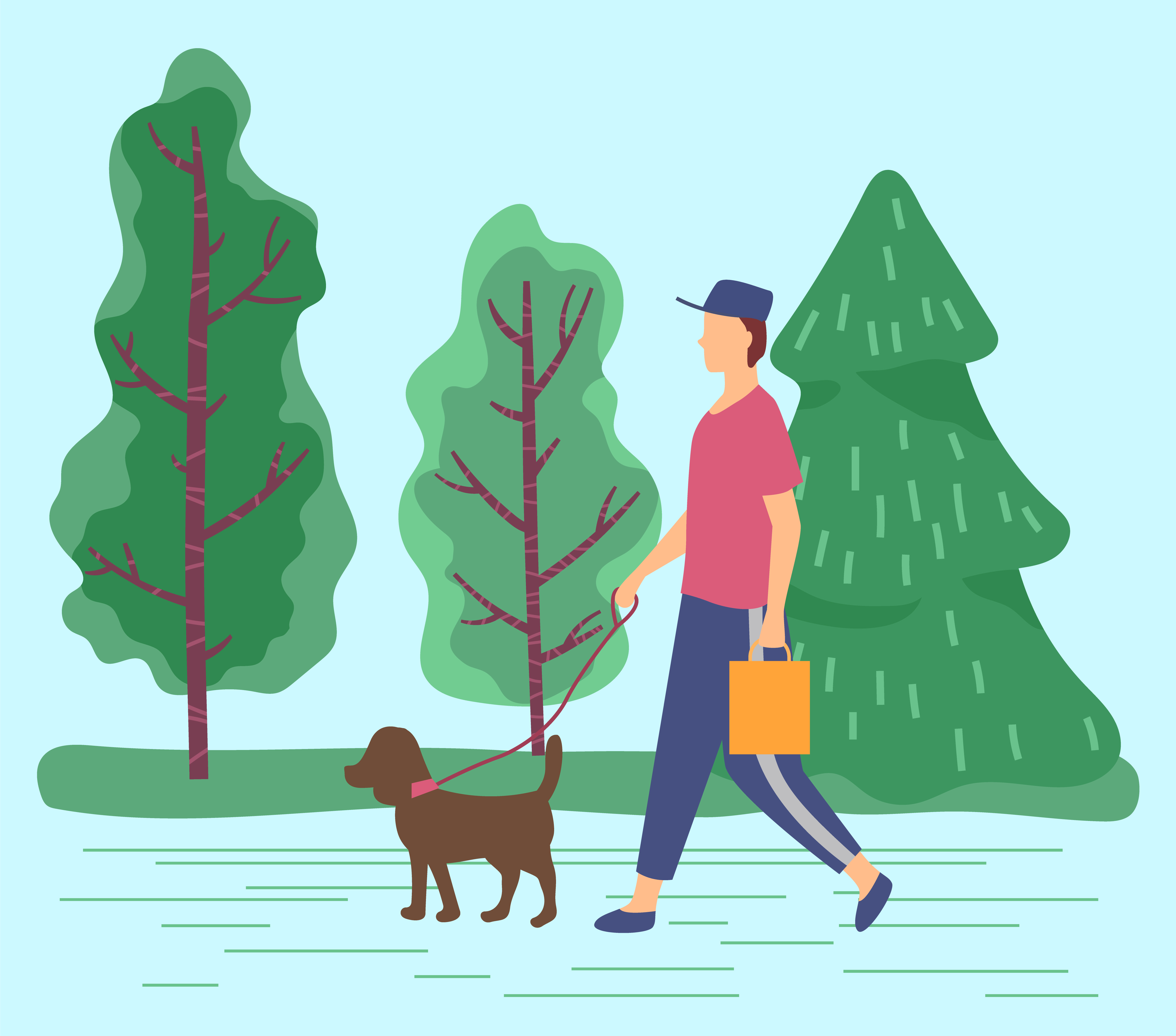 Male character walking dog on leash in summer park. Man and puppy in spring forest. Personage strolling on weekends with domestic animal. Canine of purebred with its owner outdoors, vector in flat. Man Carrying Bag Walking Don on Leash Vector