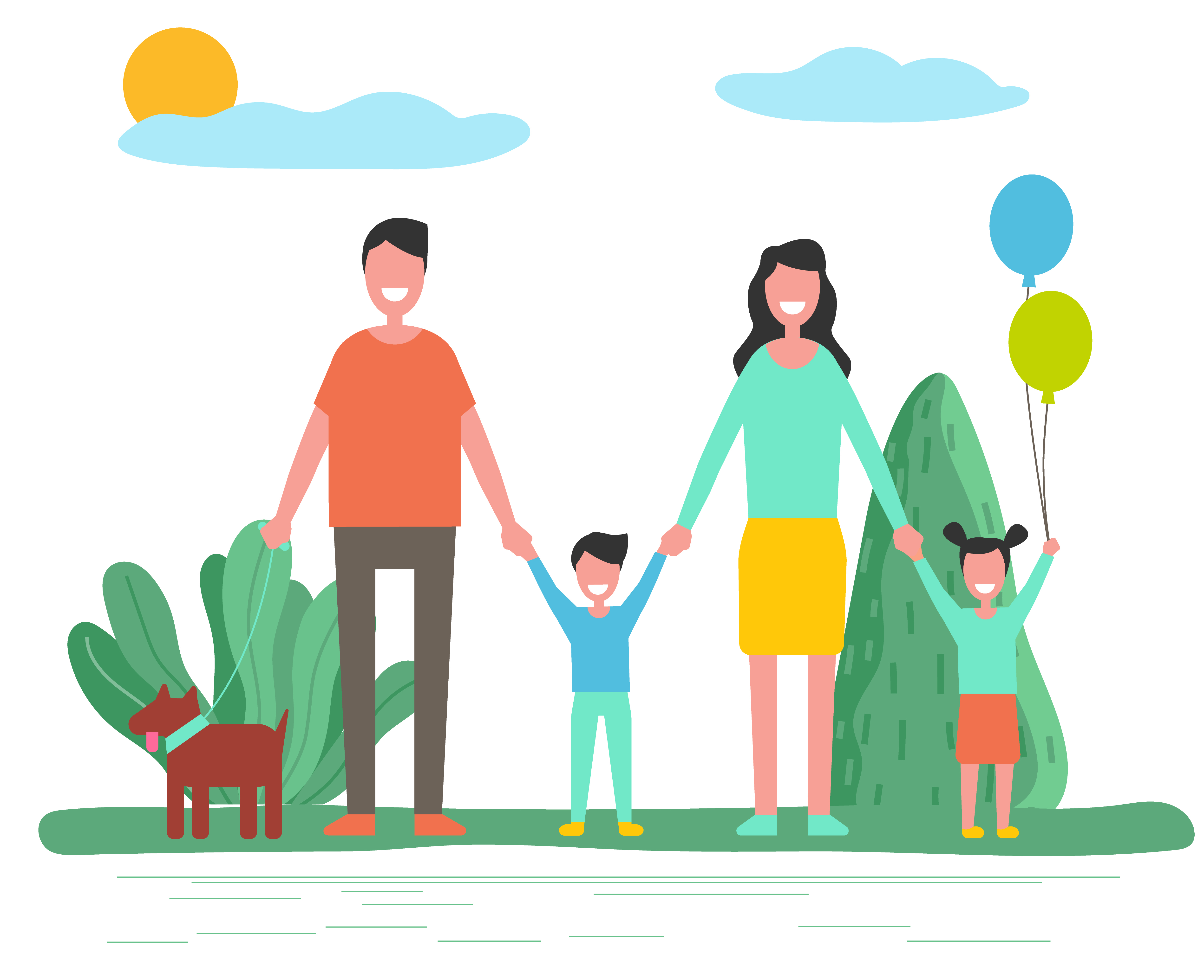 Family spending weekends outdoors together. Mom and dad with children. Mother and father with daughter and son, pet of owners. Girl holding inflatable balloons, people celebrating holidays vector. Parents with Children and Pet in Summer Forest
