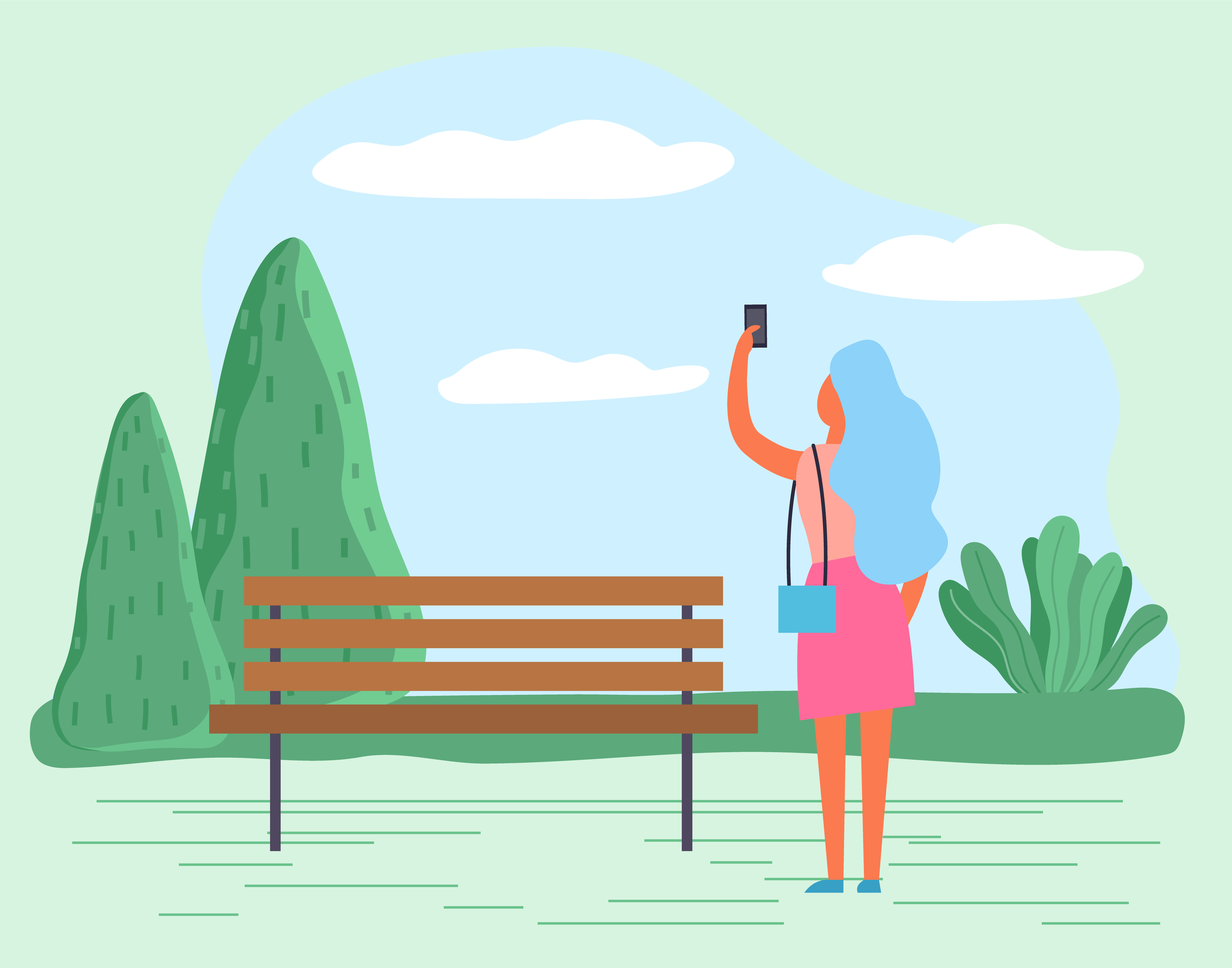 Lady walking alone in summer park. Woman hold smartphone and taking photos of beautiful lawn landscape. Lady strolling on pathway among greenery, trees and grass. Vector illustration in flat style. Lady Walk and Take Photo of Landscape in Park