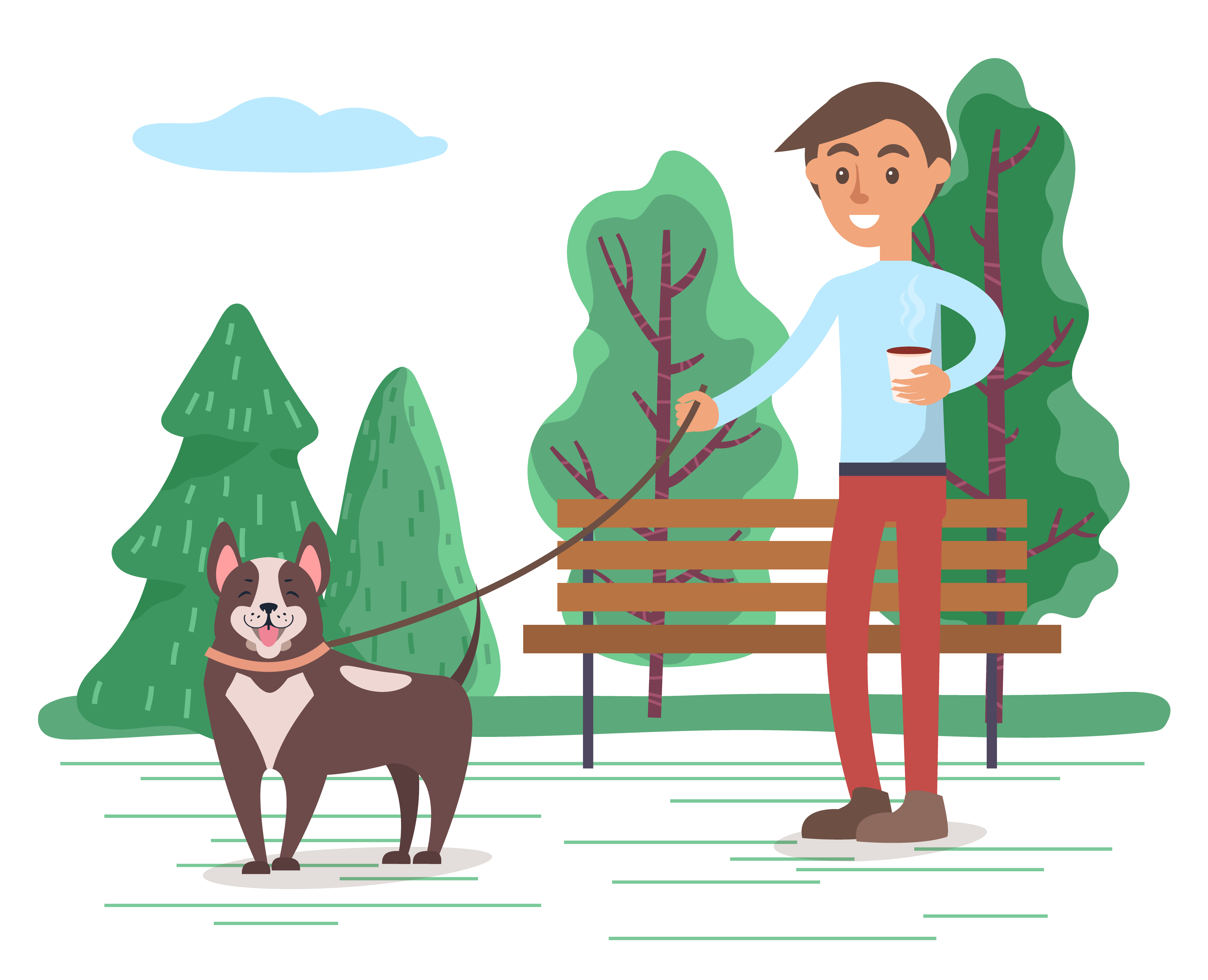 Hipster walking dog on leash. Teenager with cup of coffee strolling in forest with pet. Happy domestic animal with owner outdoors. Man with puppy spending weekends outside, vector in flat style. Teenage Boy Walking Dog on Leash in Park Vector