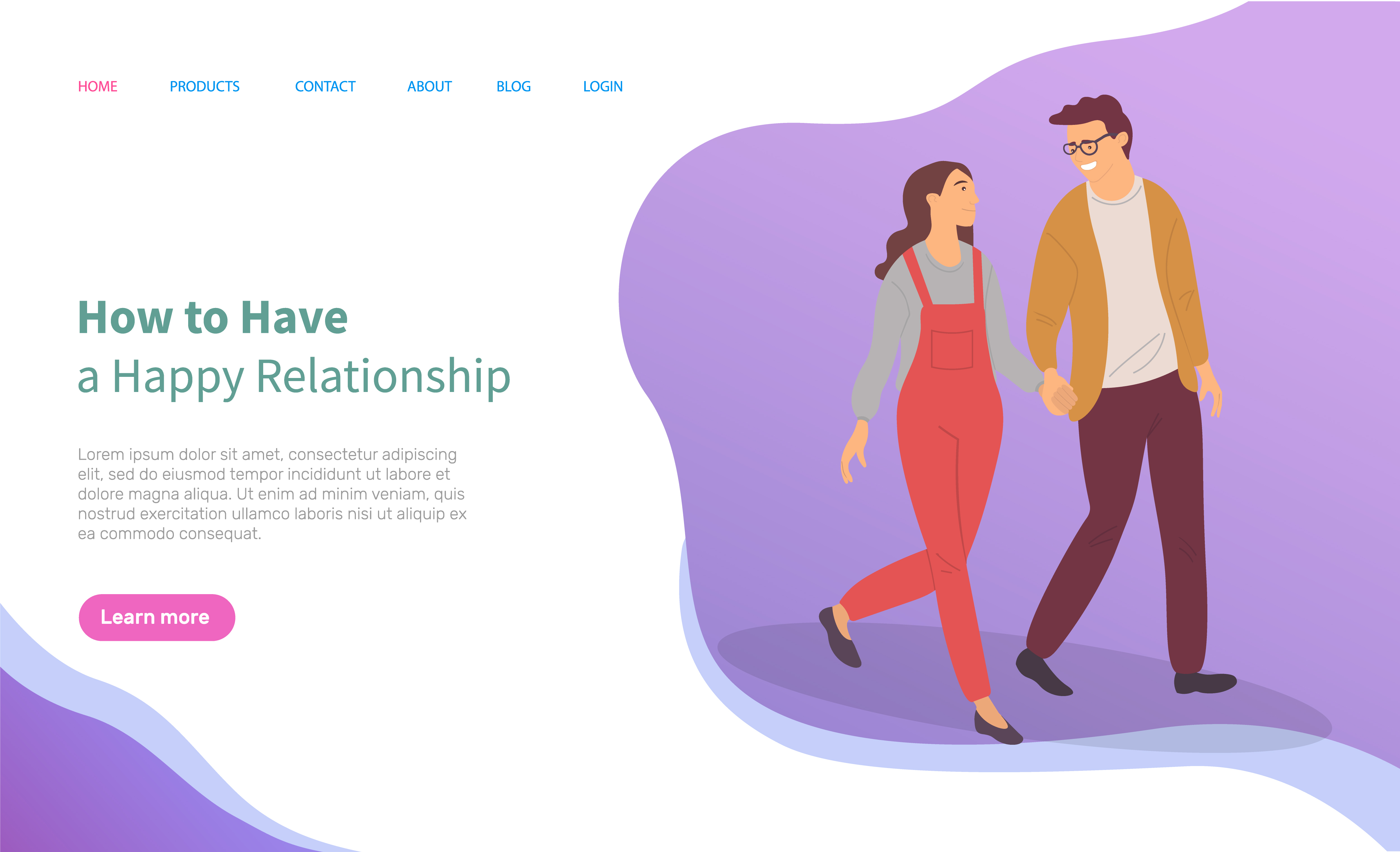 How to have happy relationships, students in love, people in cartoon style. Vector girl and boy in walking and holding hands, teenagers lovers. Website or webpage template, landing page flat style. How to Have Happy Relationships, Students in Love