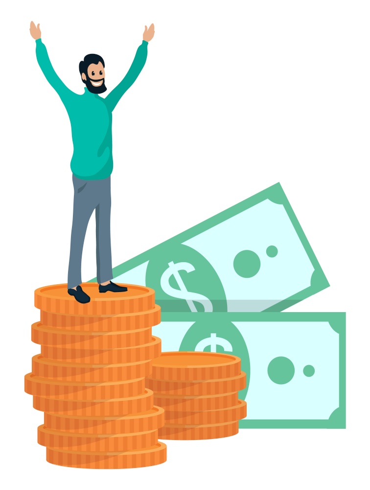 Man and profit from business vector, successful person with pile of money. Coins and banknotes dollar american currency. Businessman happy character. Successful Businessman with Pile of Money Dollar