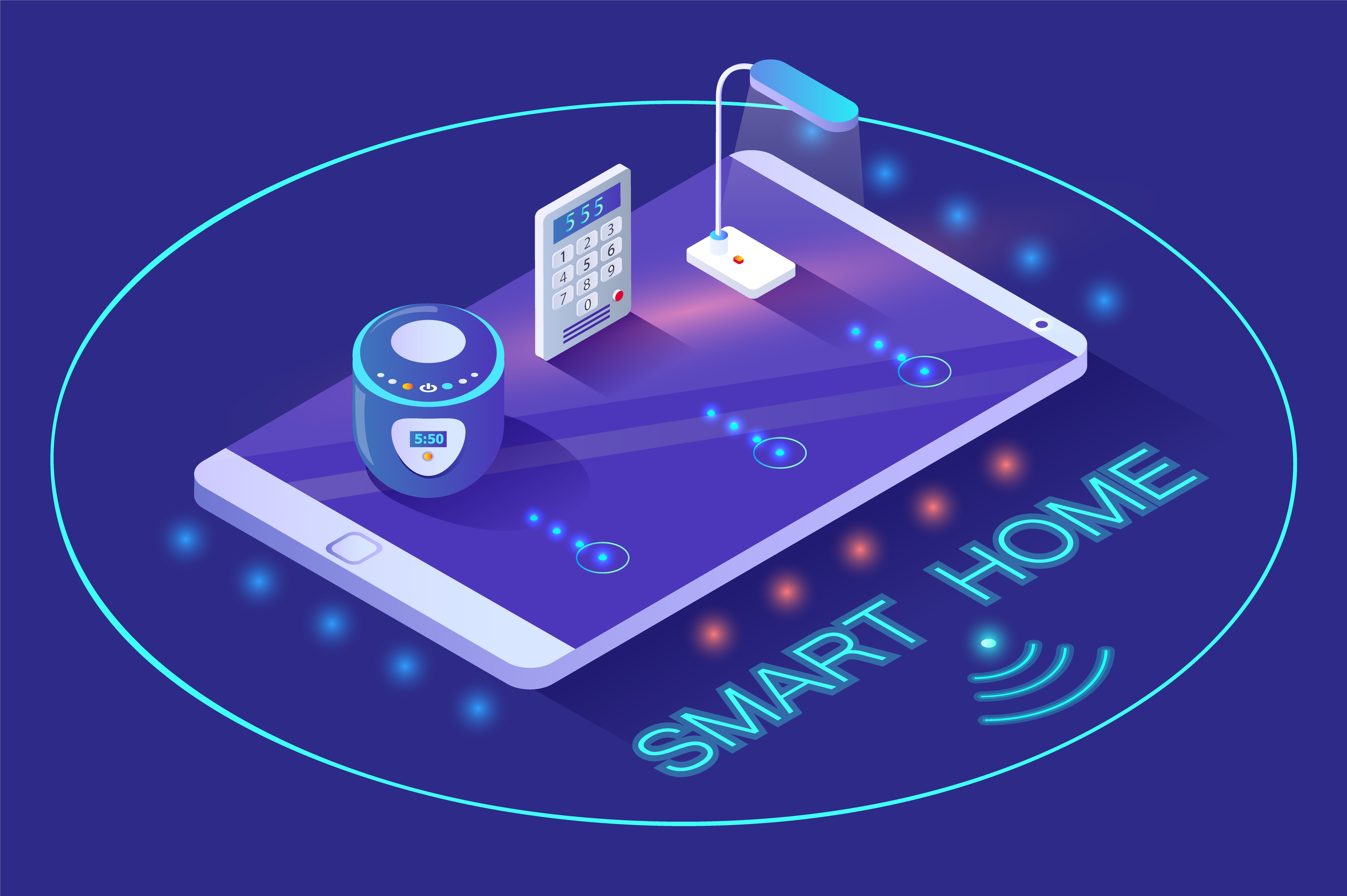 Smart home wireless device lamp and intercom electronic equipment on touchscreen phone in neon circle. Connection with online safety technology light and smart key on mobile secure gadget, isometric. Wireless Device Smart Automated Equipment Vector