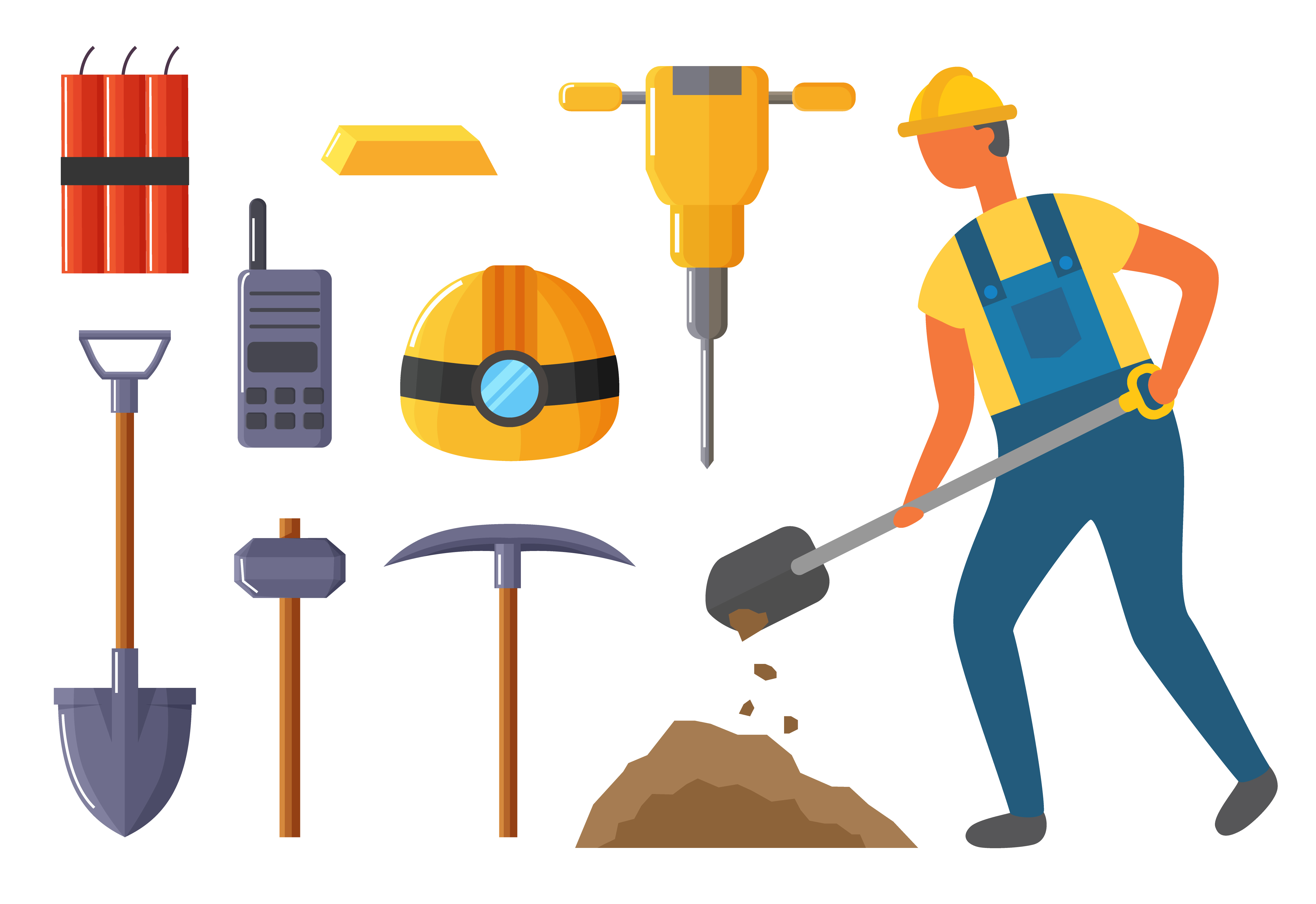 Collection of instruments and objects used by miner working in mining industry. Dynamite and shovel, hammer and pickaxe. Helmet with flashlight and drill or borehole. Isolated tools set vector in flat. Miner and Mining Industry Equipments Kit Vector