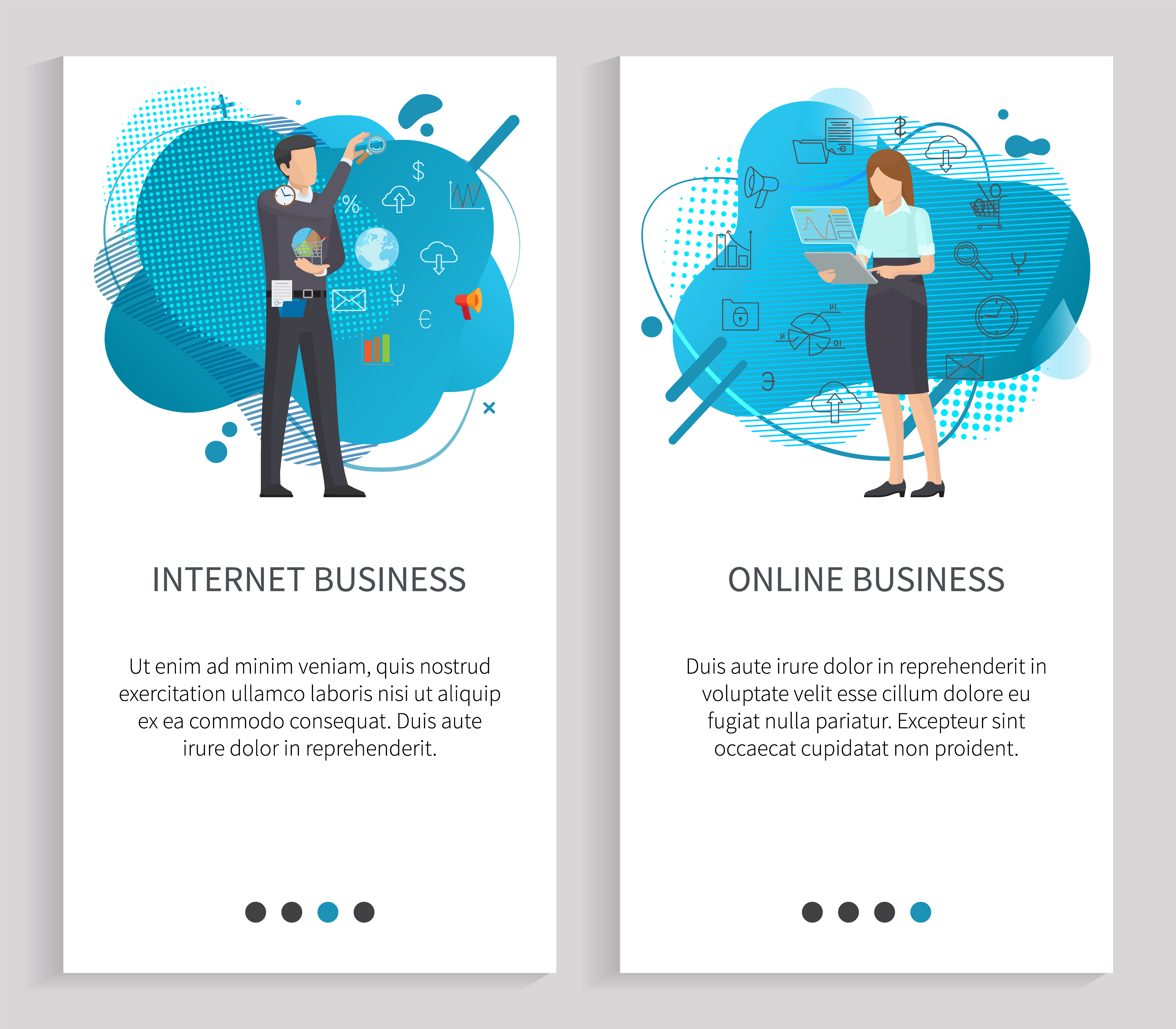 Online business of man and woman characters with wireless device, computer communication, internet icon on liquid shape, people connection vector. Website or app slider, landing page flat style. People Communication, Business Online, Web Vector