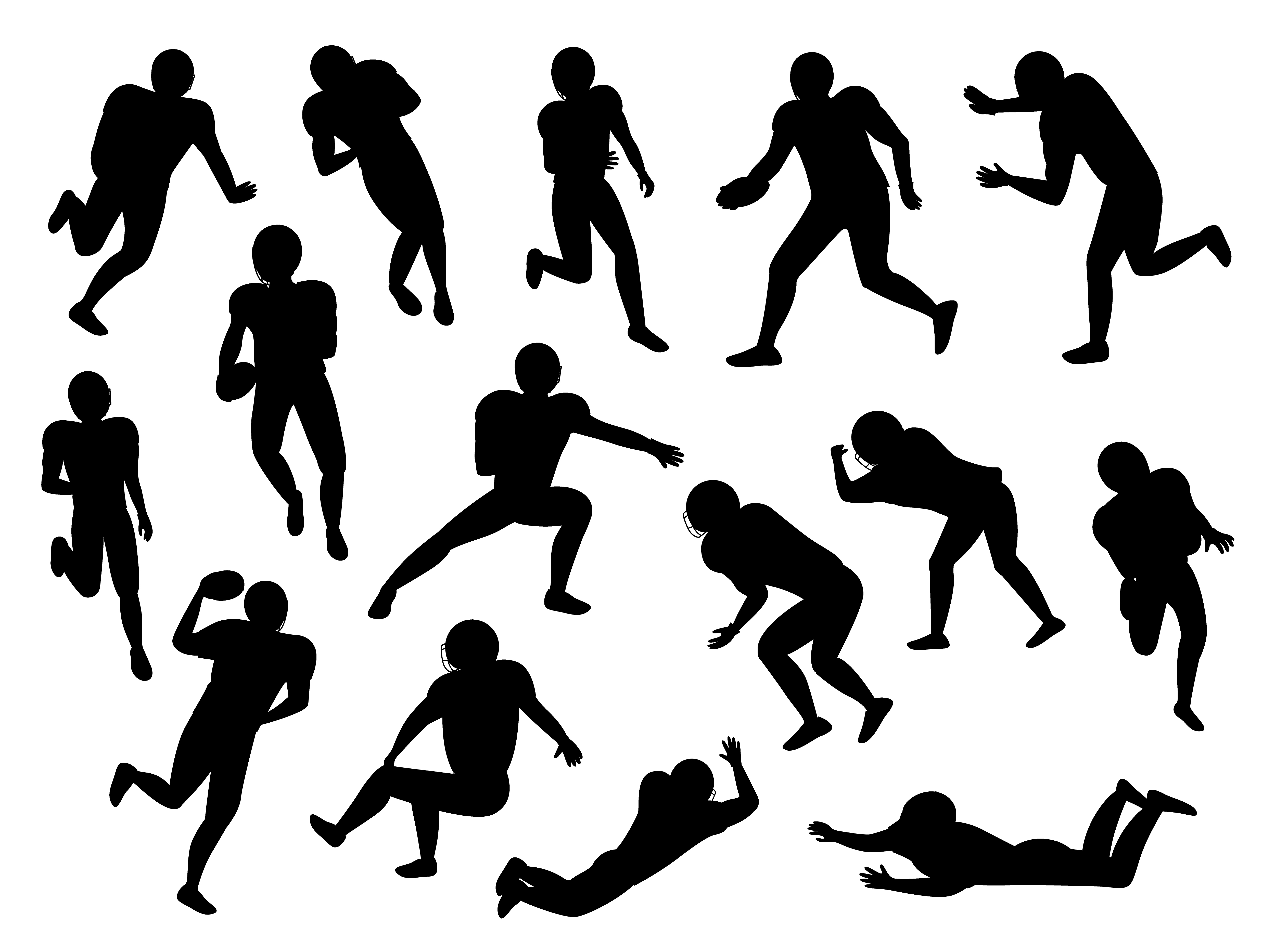 Set of team sports silhouette characters. Collection of american football players. Athletes running, falling down and rolling ball. Isolated sportsmen playing traditional game of usa. Vector in flat. American Football Players Silhouette Gridiron Set