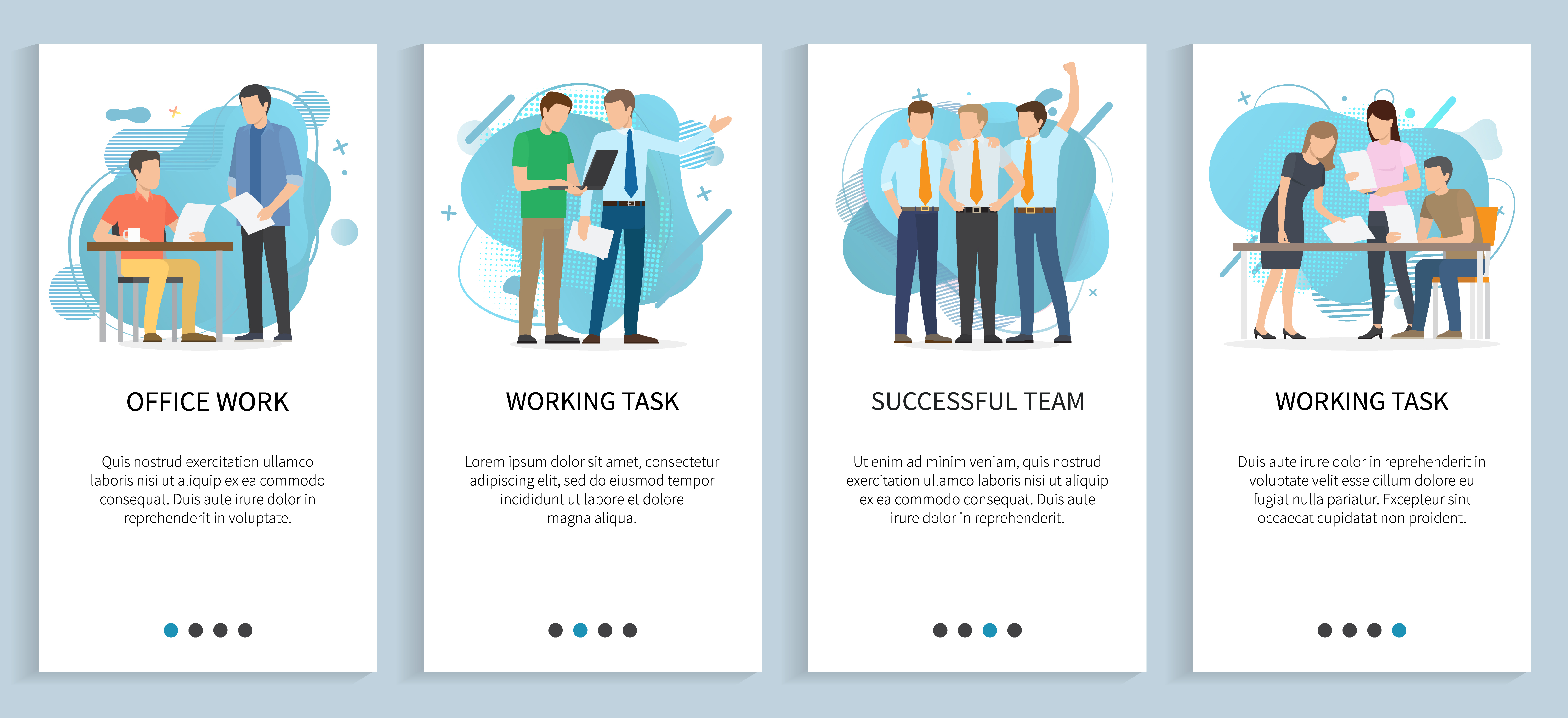 Successful team vector, working task and office work, people with papers and laptops thinking on solution and development of business set. Website or slider app, landing page flat style. Office Work and Successful Team, Website Set