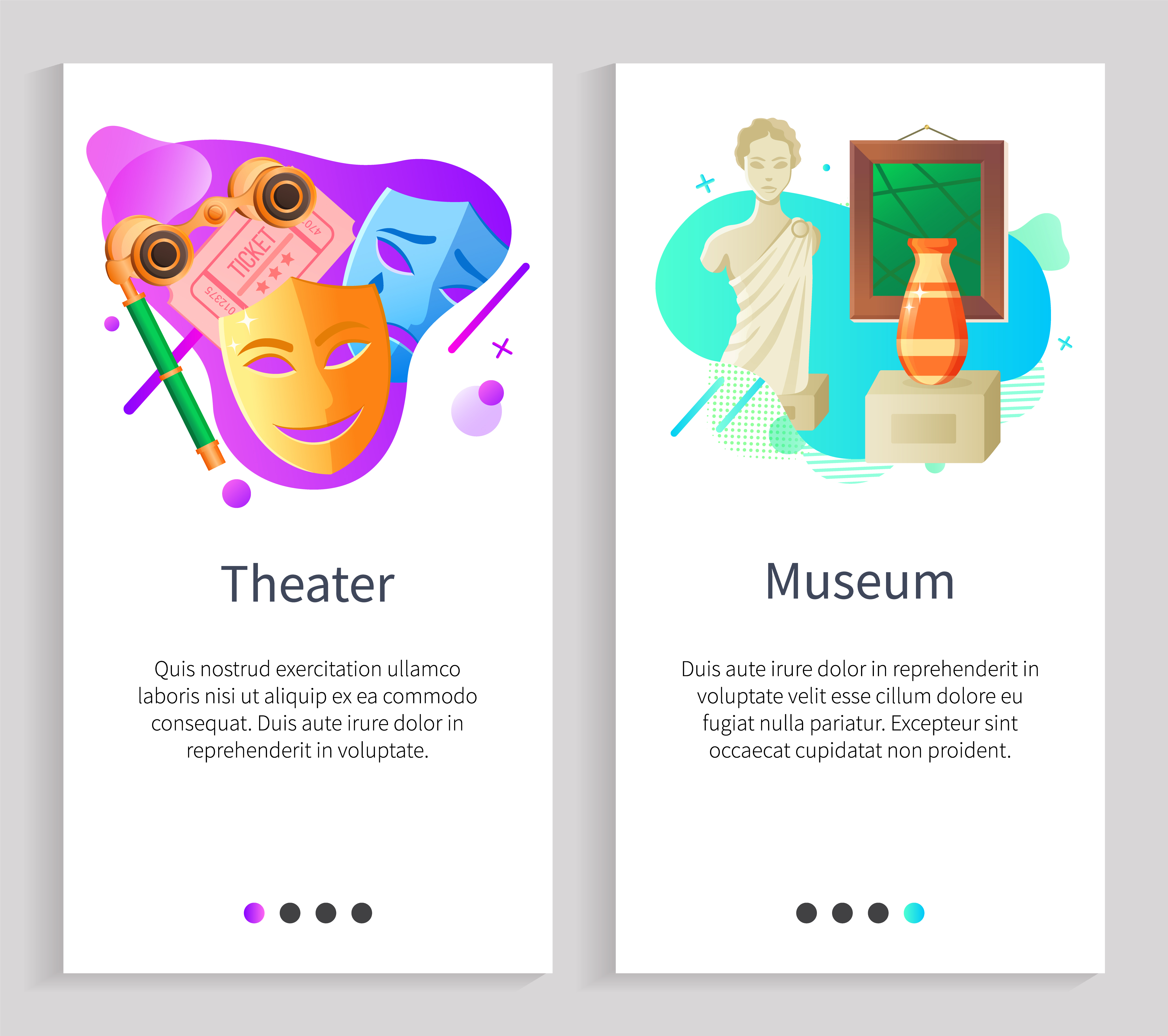 Museum exhibition and theater vector, items collected in one place, sculpture of woman and vase, painting of antiquity. Drama and comedy mask. Website or slider app, landing page flat style. Theater and Museum Cultural Art Centers Vector