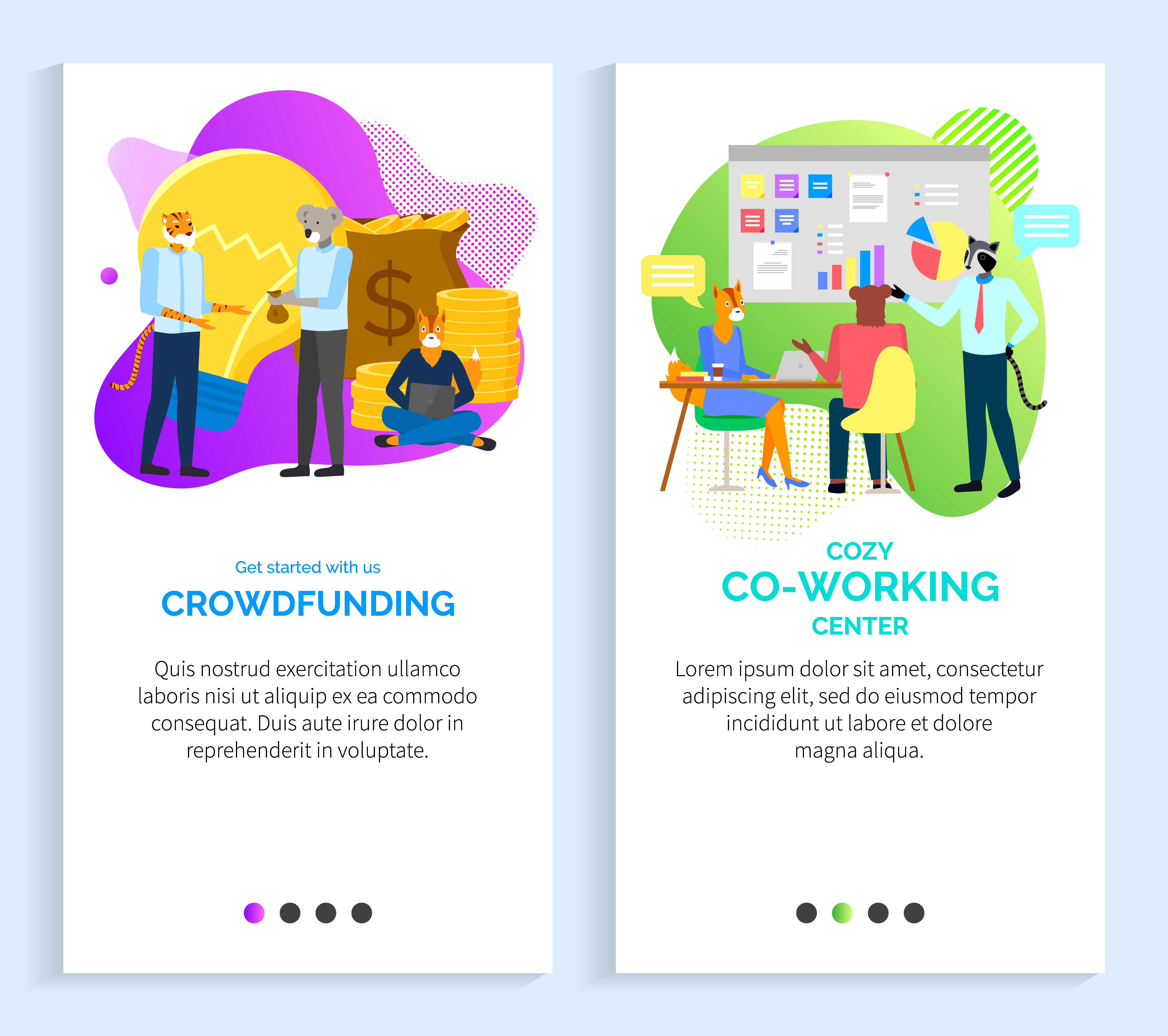 Crowdfunding hipster animals vector, cozy coworking center, man giving presentation to students, business seminar tutorial with detailed explanation. Website or slider app, landing page flat style. Crowdfunding and Cozy Coworking Center Vector