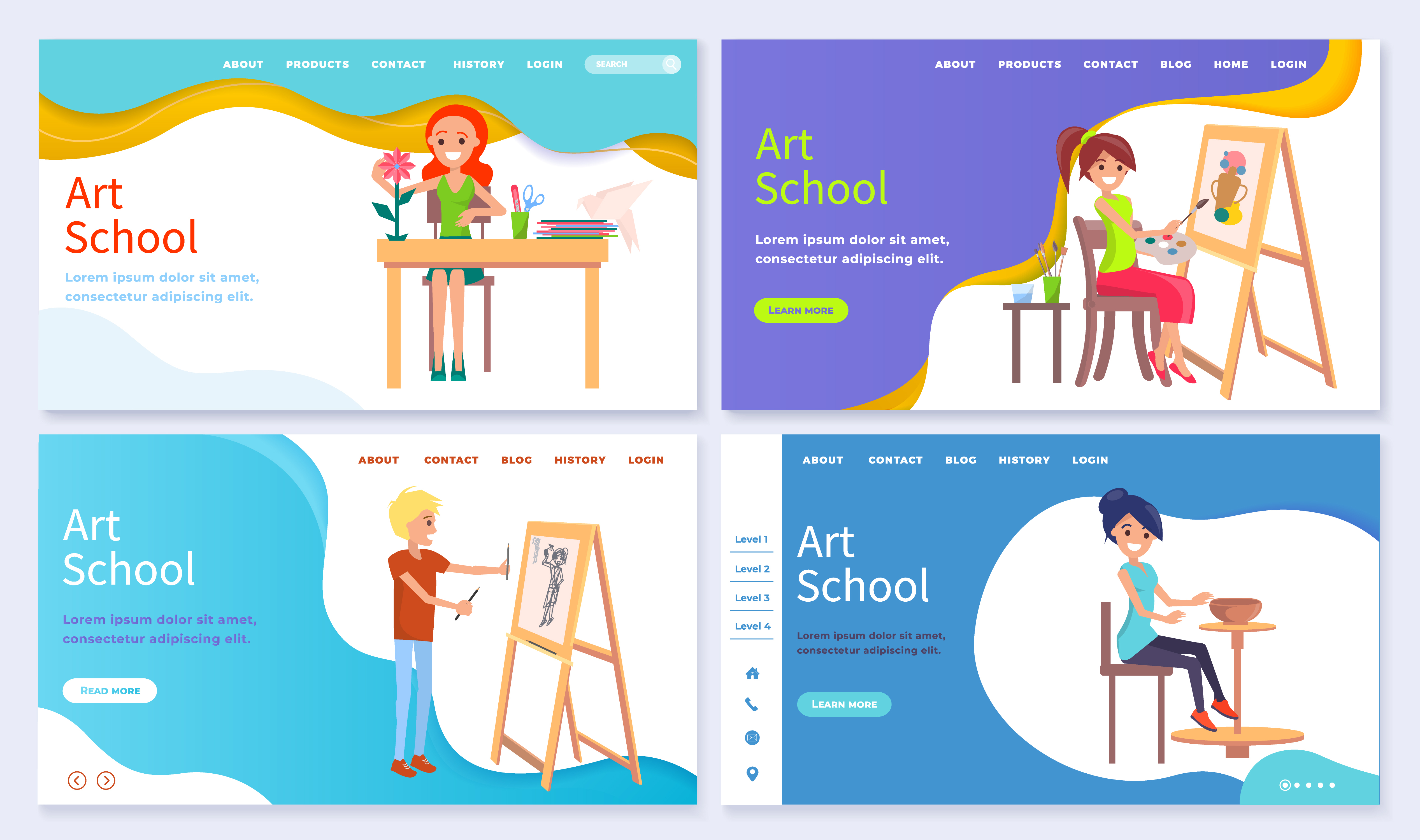 Set of art school teachers at lessons. Skillful painter and pots maker. Students using easel and clay materials, paper origami. Website or webpage template, landing page, vector in flat style. Art School Classes, Pottery and Painting Lessons