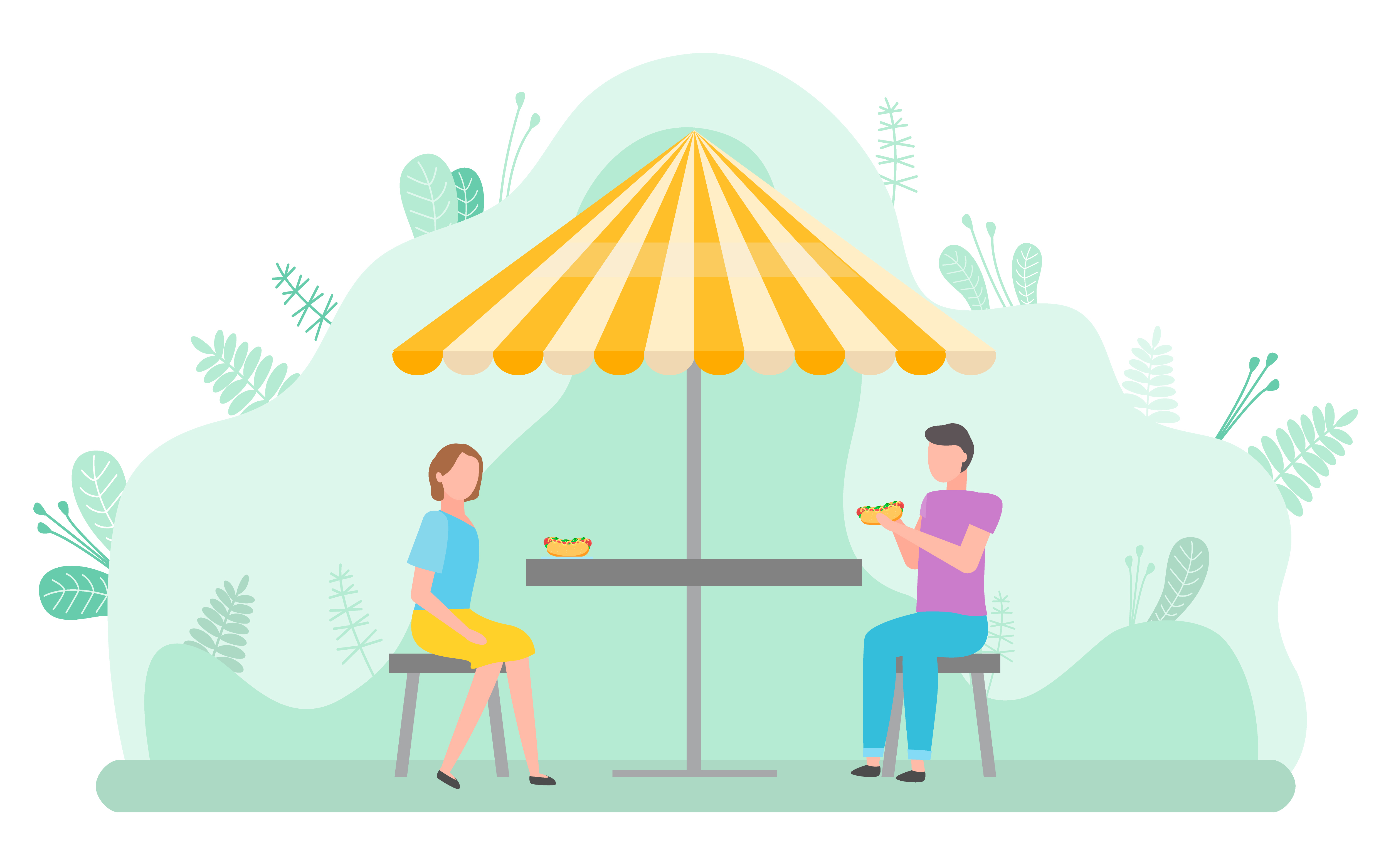 Man and woman having lunch outdoors vector, breakfast in eatery. Morning in park, characters sitting under umbrella shade enjoying meal on terrace. People Eating Under Umbrella Man and Woman Vector