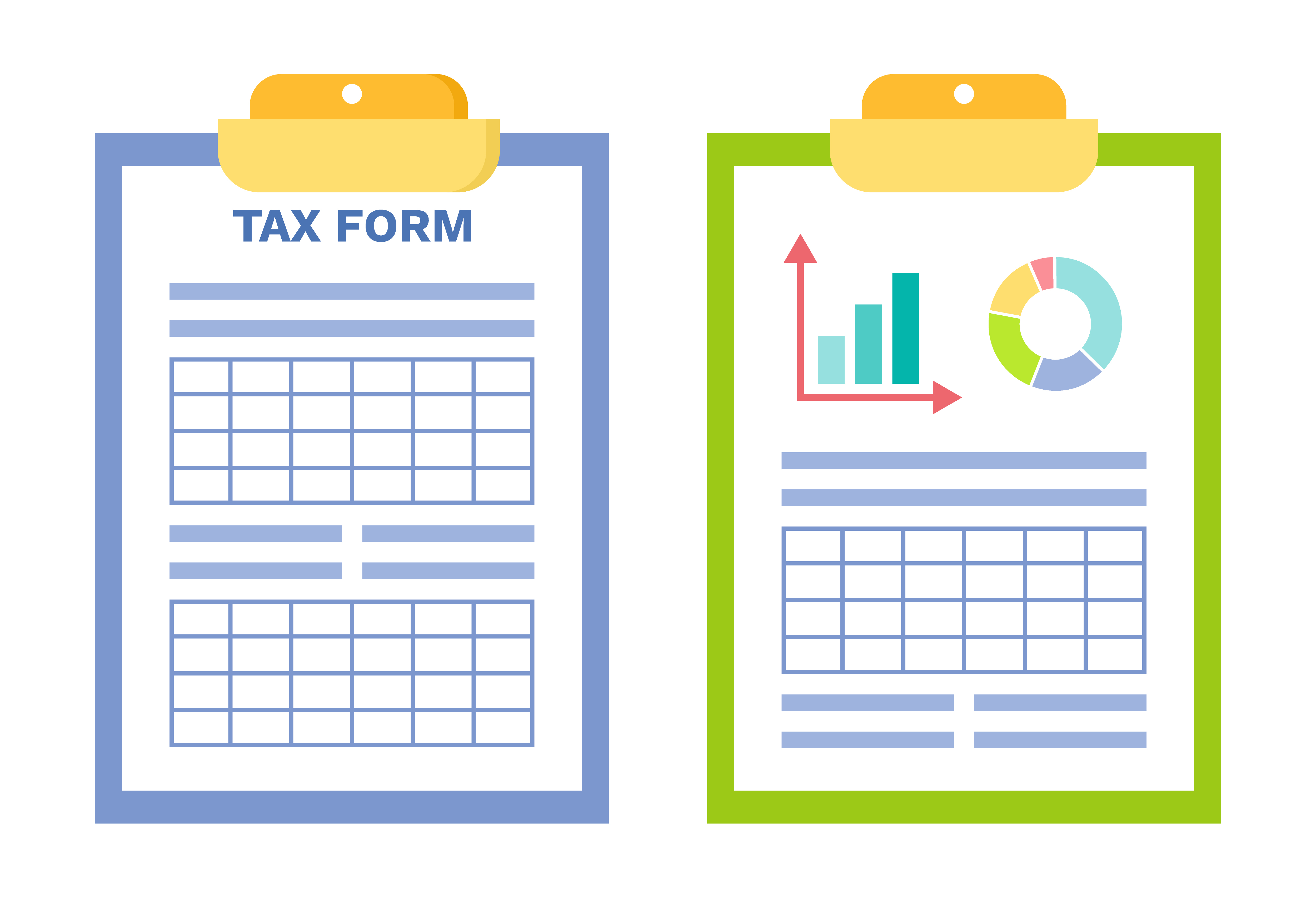 Information with stats vector, clipboard with infographics and pie diagram with colored segments, table with data, set of papers document banking system. Tax Form and Infographics Stats on Clipboard Set