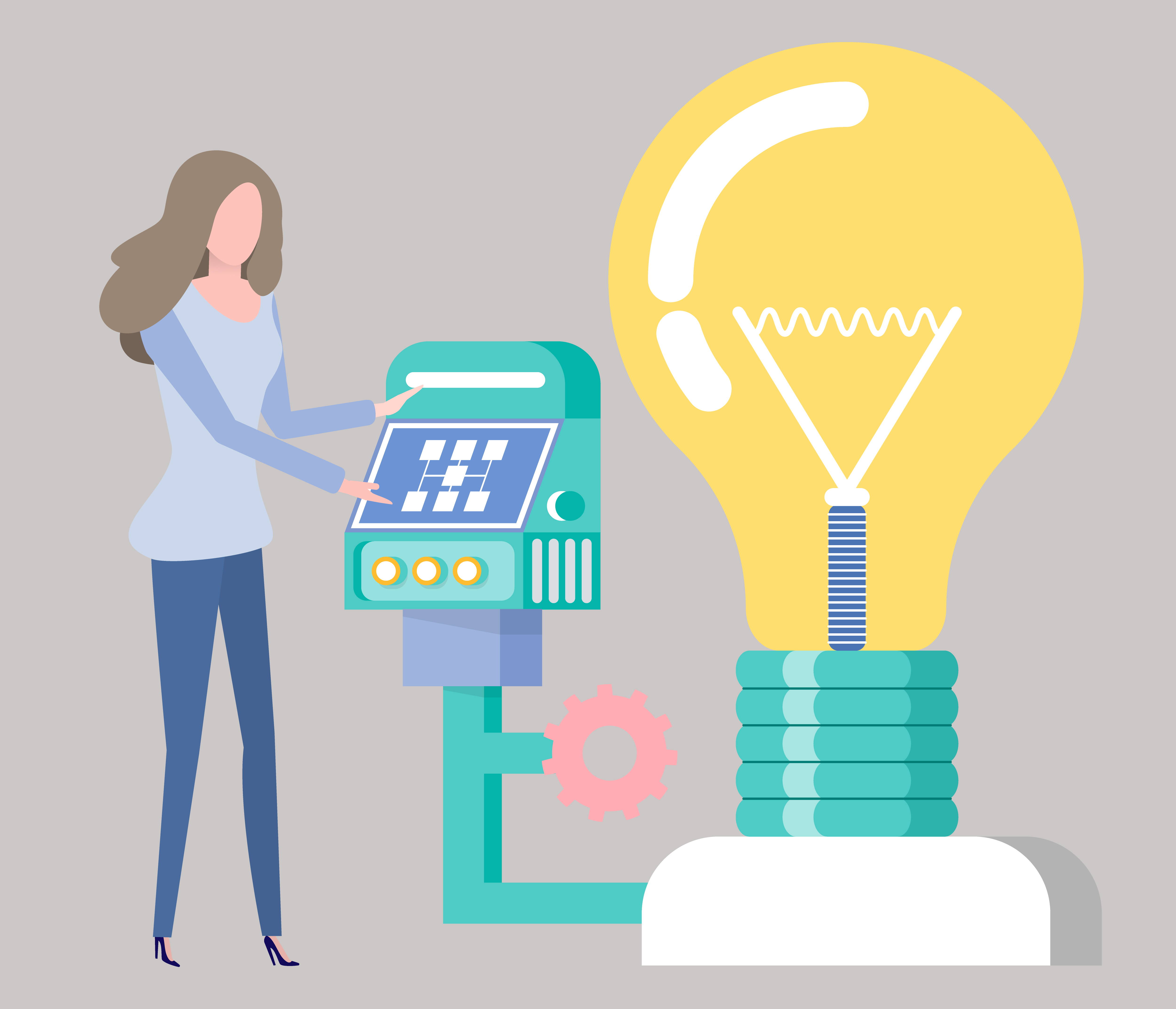 Working lady with innovation vector, invention development lightbulb with monitor and buttons for controlling, woman typing info and managing process. Woman Working on New Project, Electric Bulb Vector