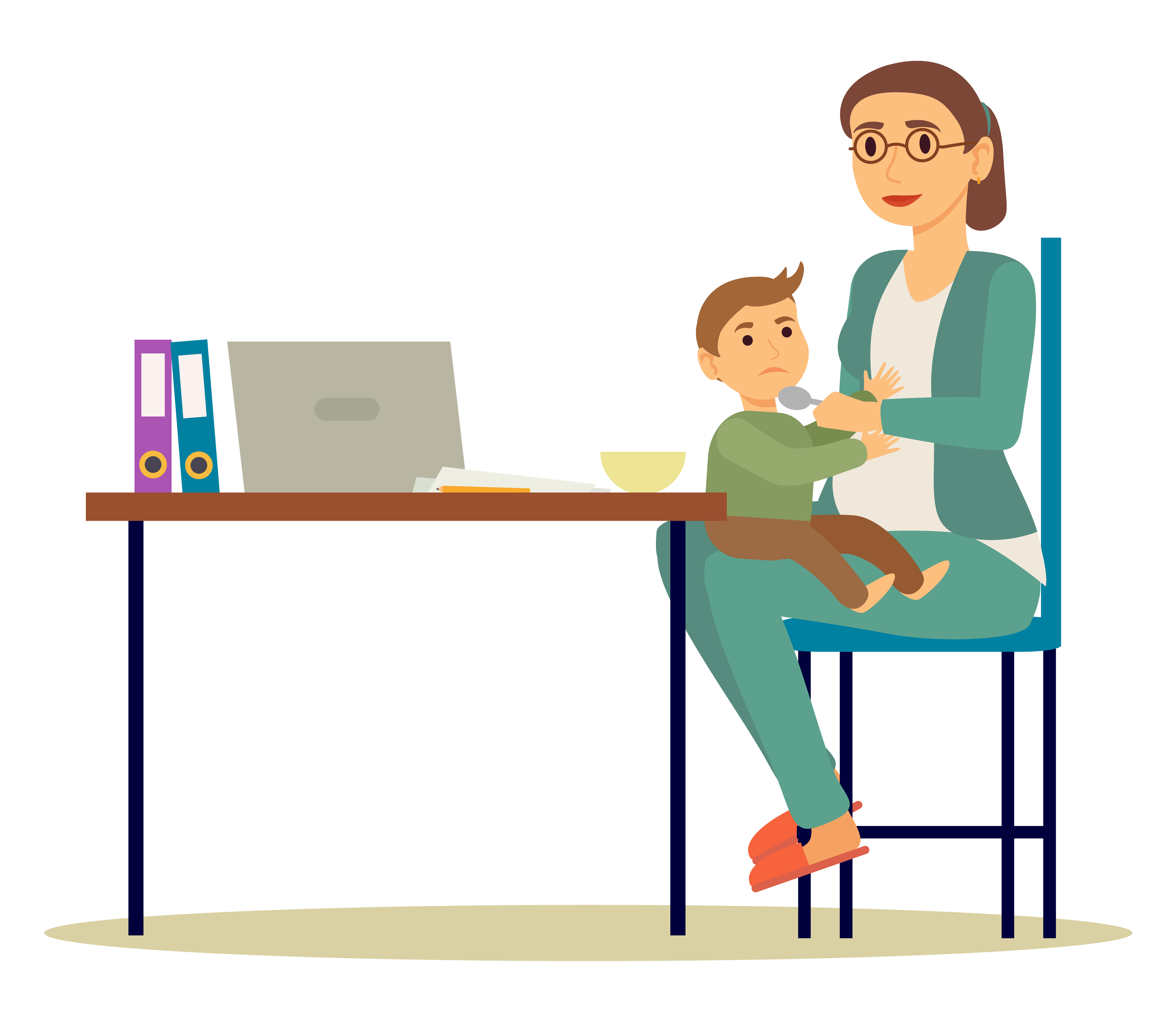 Mother feeding her son from spoon at office. Businesswoman bring kid to work. Kid sitting on knees and eating. Parent care about child. Workplace with table and laptop on it. Vector illustration. Mother Feeding Her Son at Work, Office Interior