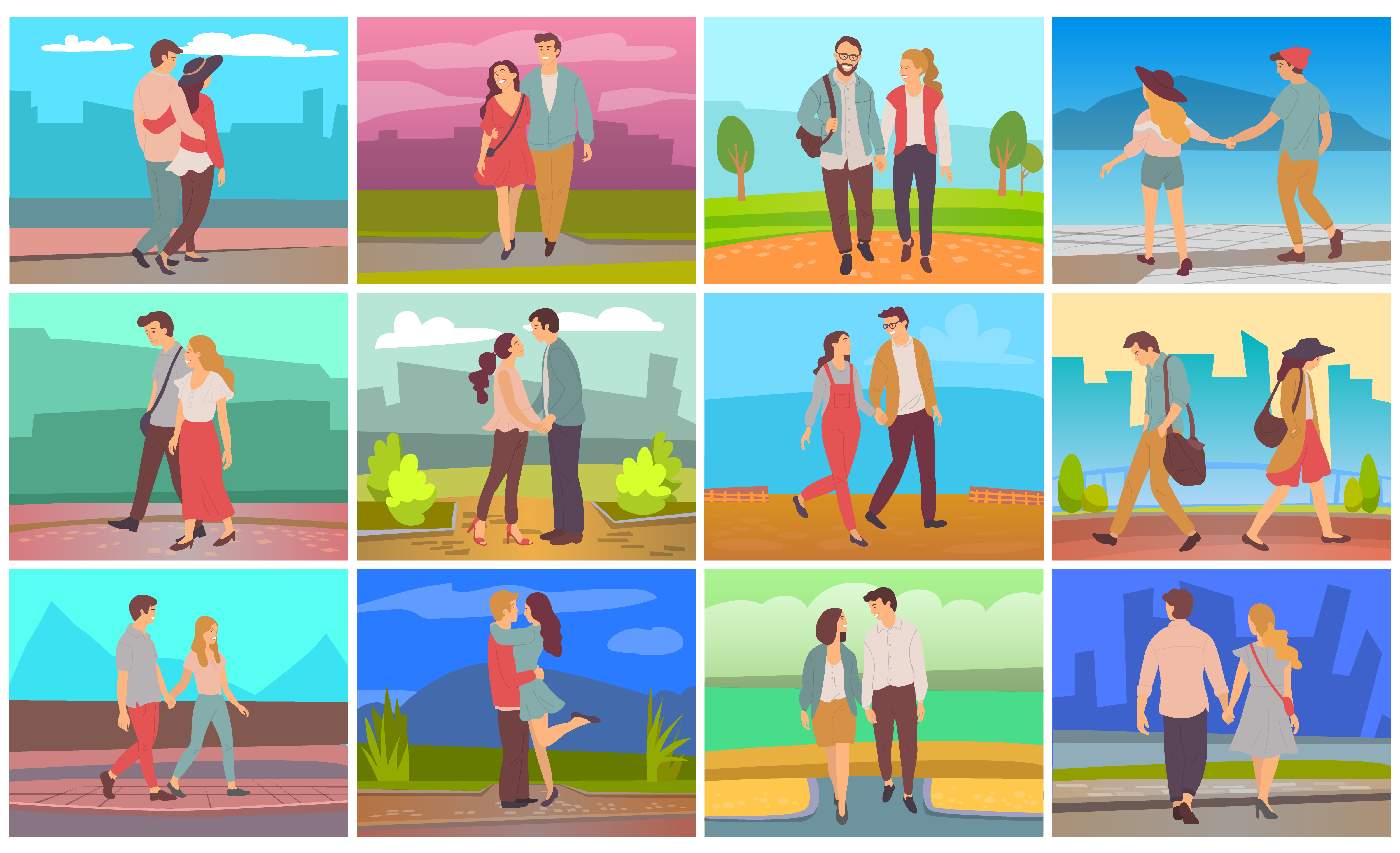 Dating people in evening vector set, man and woman romantic couple on date. Male and female, boyfriend and girlfriend celebrating anniversary of relationship. Valentine day. illustration in flat style. Romantic People, Couple Walking in Pairs Date