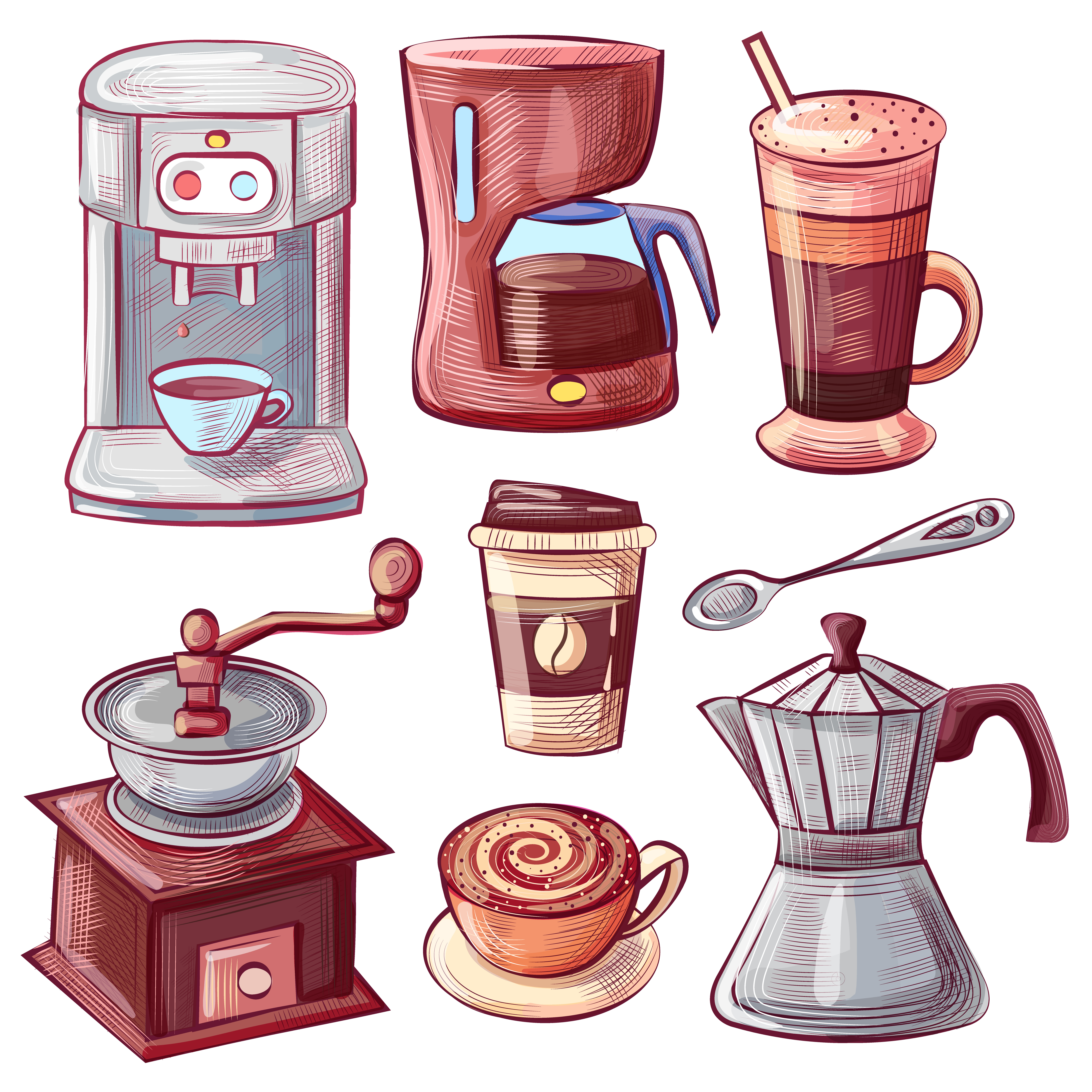 Equipment for brewing coffee vector, isolated icons of hand drawn devices for beverage brewing. Coffeemaker machine and grinder, cup for taking away. Moka Pot and Coffeemaker, Spoon and Grinder Set