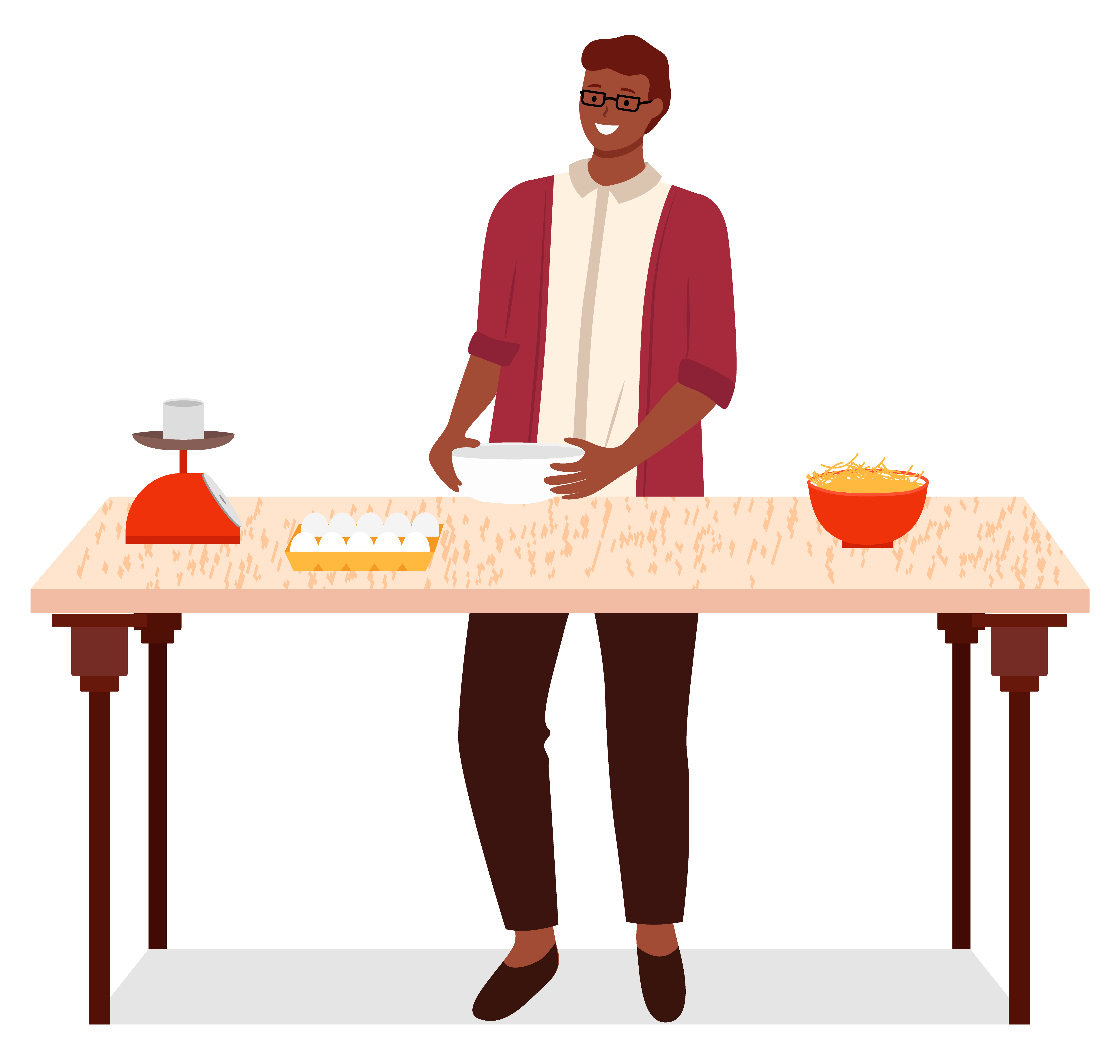 Man stand by table on kitchen. Kitchenware and products like eggs on desk. Guy preparing food for cooking. Weighing scale to measure weight of ingredients. Vector illustration of cooking process. Man Preparing Ingredients for Cooking, Kitchen