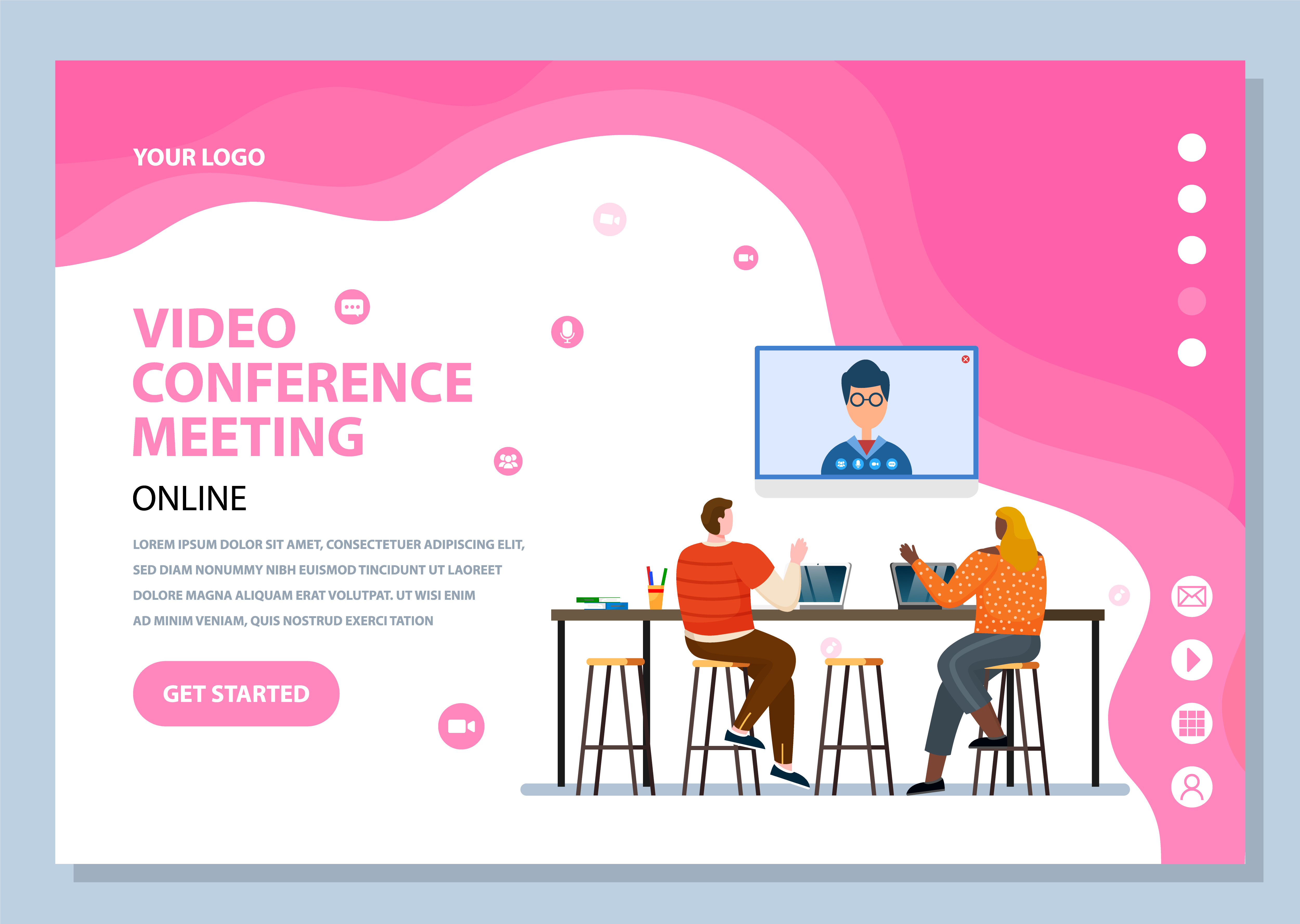 Video conference meeting via modern technologies and gadgets. Characters talking to boss online, using pc. Employees discussing problems. Website or webpage template, landing page vector in flat style. Video Conference Meeting With Boss Website Page