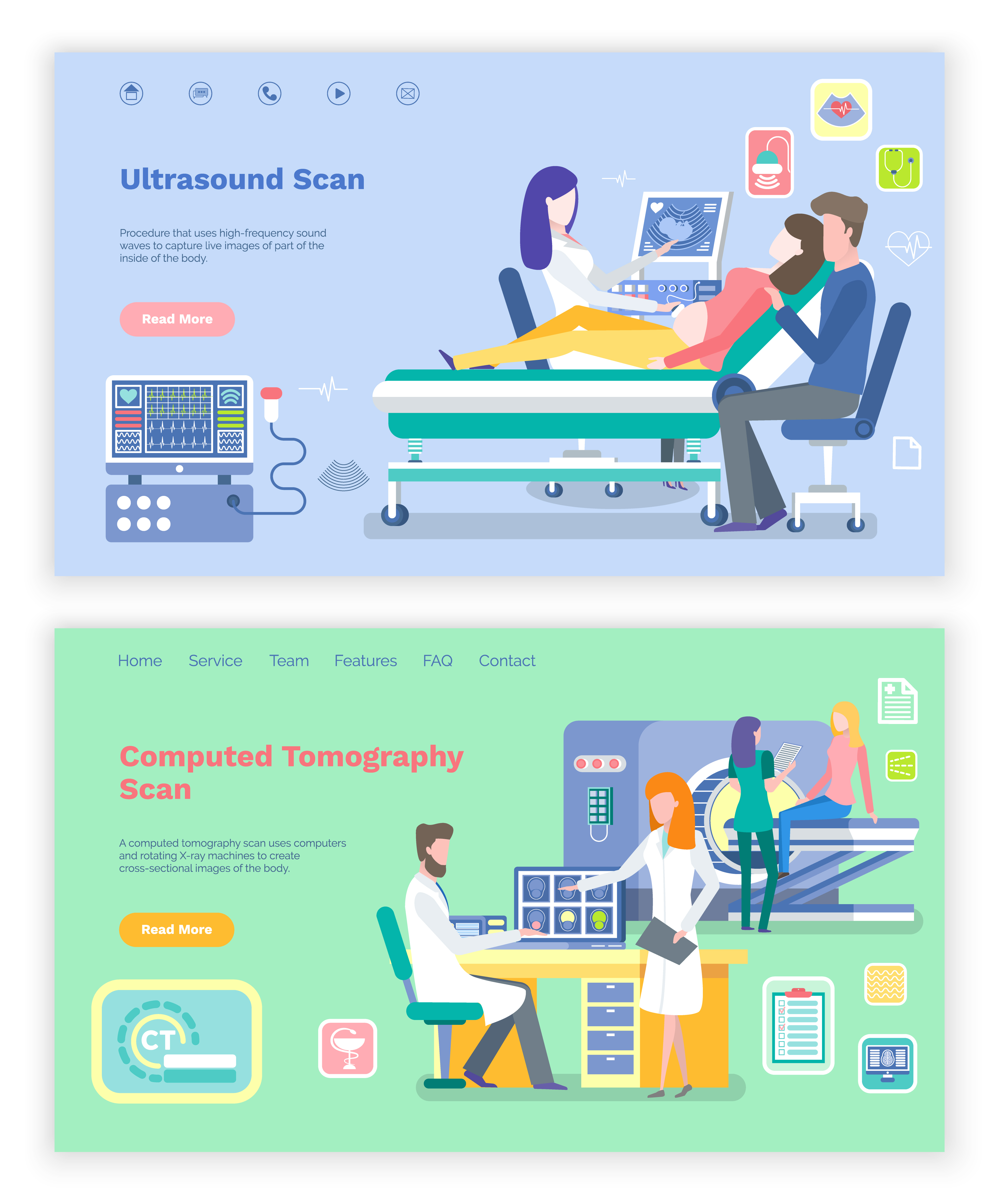 Computed tomography scan and ultrasound for pregnant vector. Doctors with patients using new technologies and innovative devices for diagnostics. Website or webpage template, landing page flat style. Ultrasound Scan and Computed Tomography Scanning