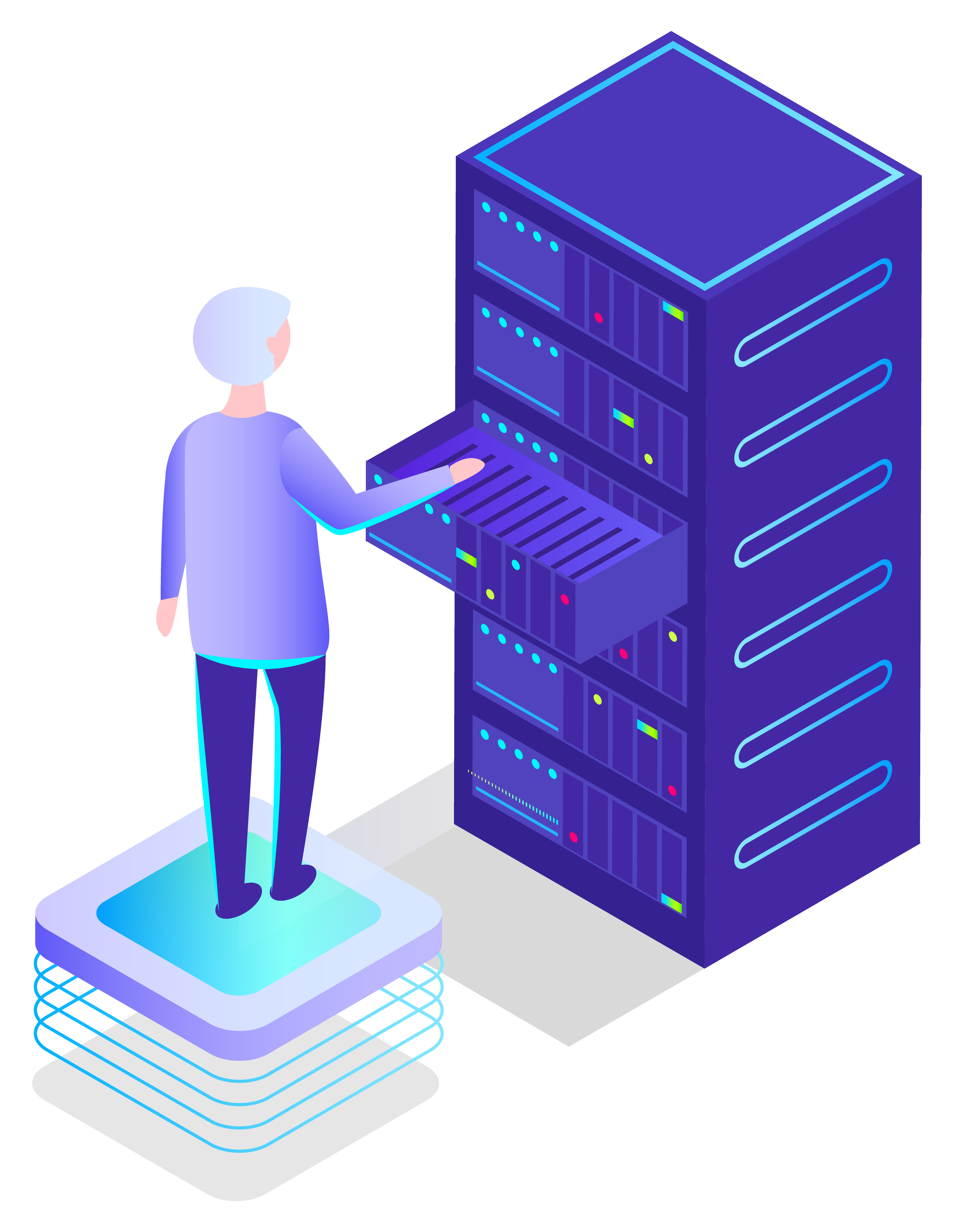 Worker with database info vector, information storage in datacenter isolated character. Personage with modern technologies and innovations. Man analyzing data. Illustration in isometric 3d style. Man Working in Database Center, Worker Vector