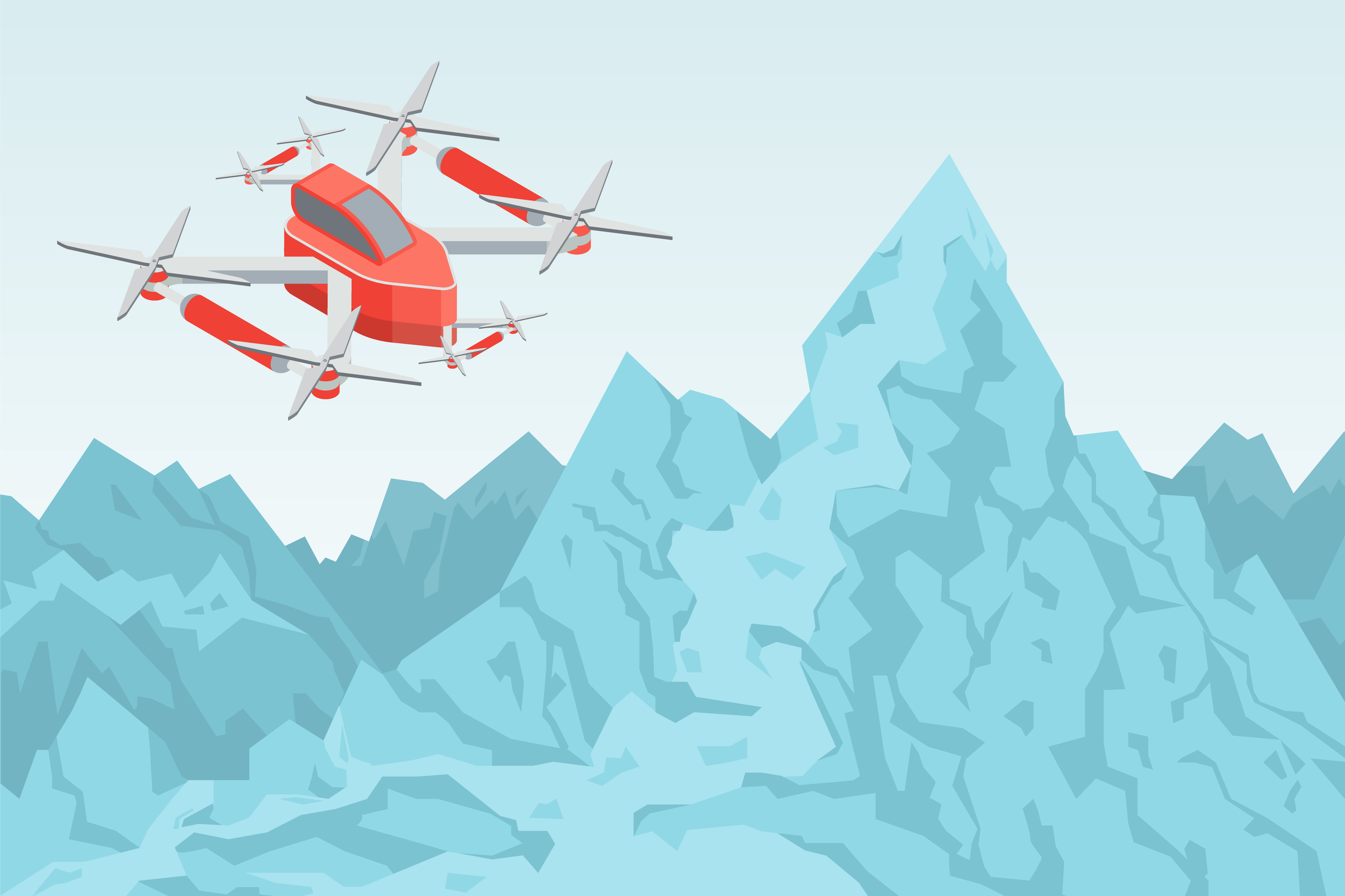 Helicopter or drone vector, aerial gadget flying over mountains range.Fflat style object with propeller and wings. Aviation and transportation of item, modern technologies. Copter flight illustration. Drone Flying Over Mountain Range Helicopter Vector