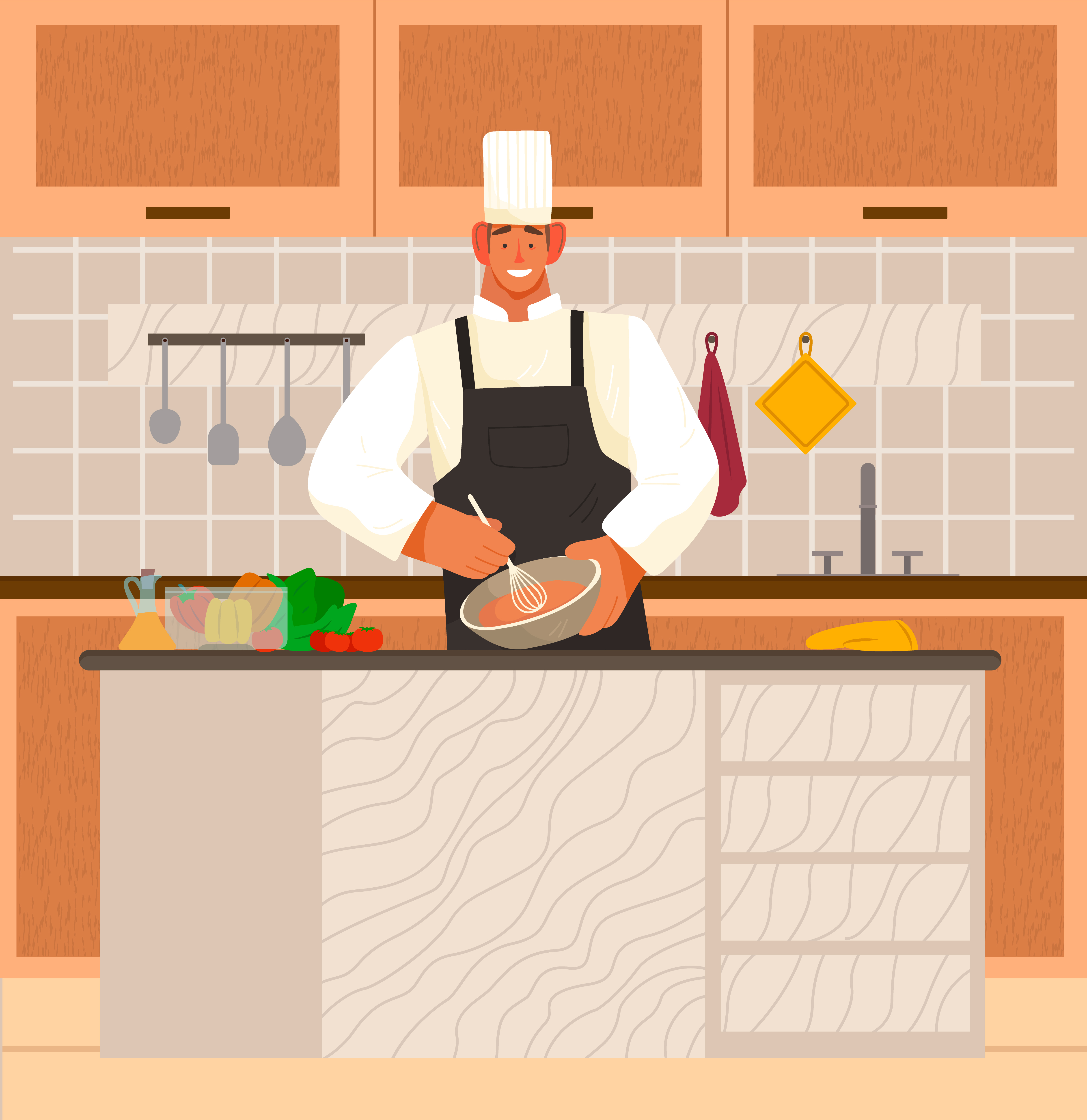 Man stand by table in kitchen at home or restaurant. Chef cook meal from products on desk. Interior with wooden surfaces and shelves with kitchenware and plates. Vector illustration of cooking process. Chef Cooking in Kitchen at Home or Restaurant