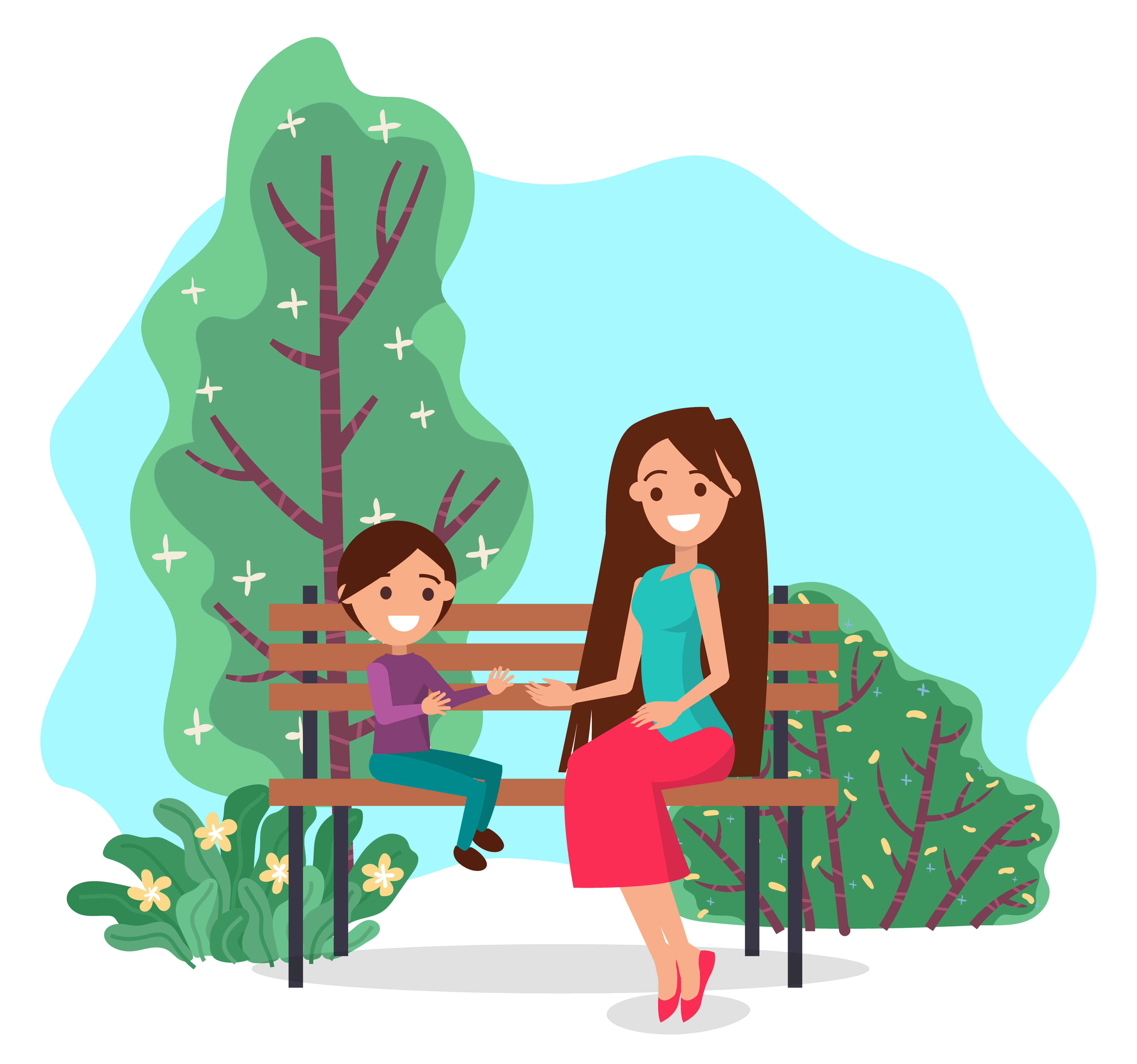 Smiling mother and son cartoon characters sitting on wooden bench near green trees. Parent female and little boy enjoying together in park. Family leisure together in summer time outdoor vector. Family Mother and Son Sitting on Bench Vector