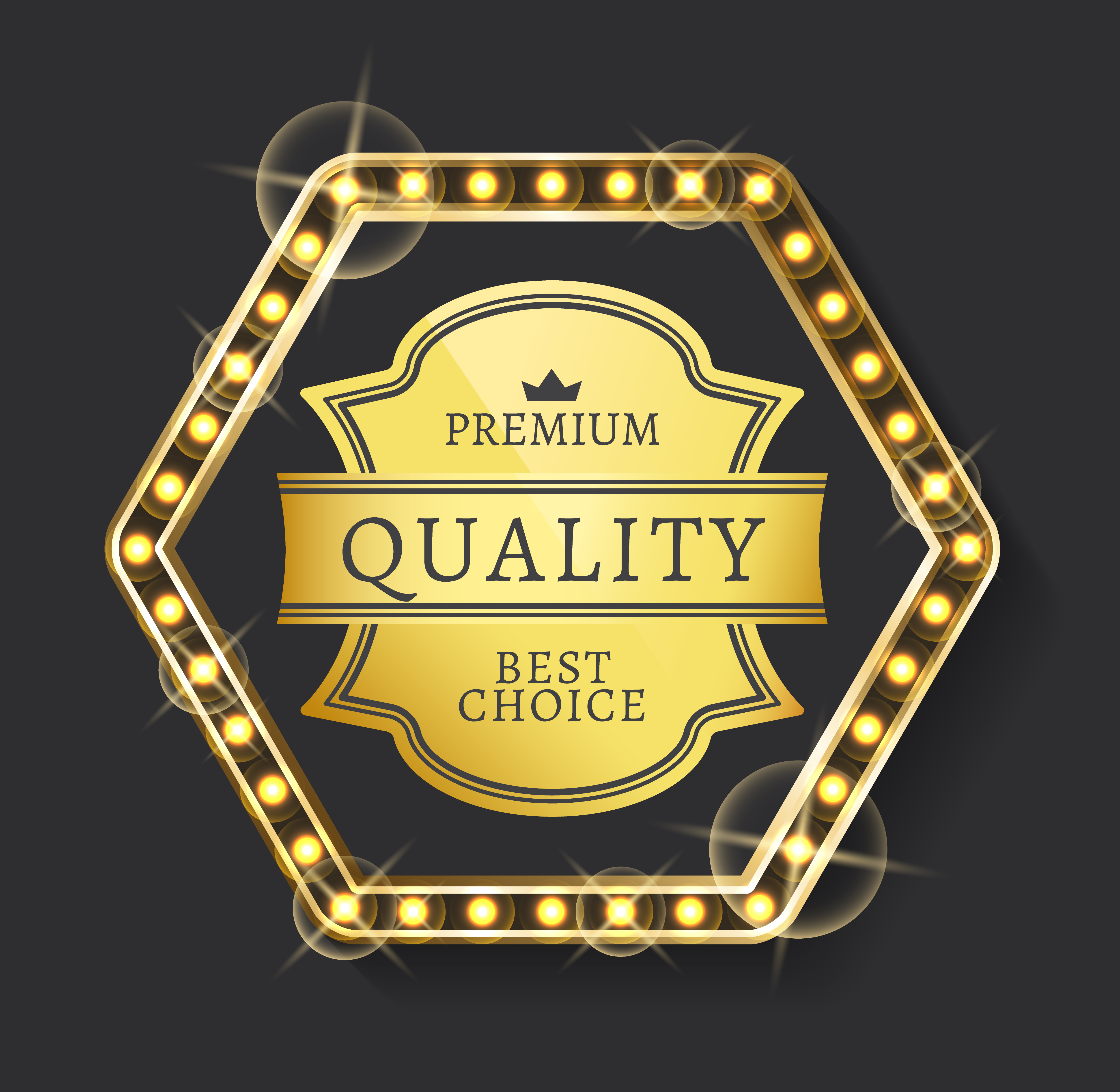 Premium quality and best choice label decorated by light bulbs, golden badge of guarantee. Glowing medal or label decorated by crown, shiny icon vector. Label of Best Shopping Product, Premium Vector