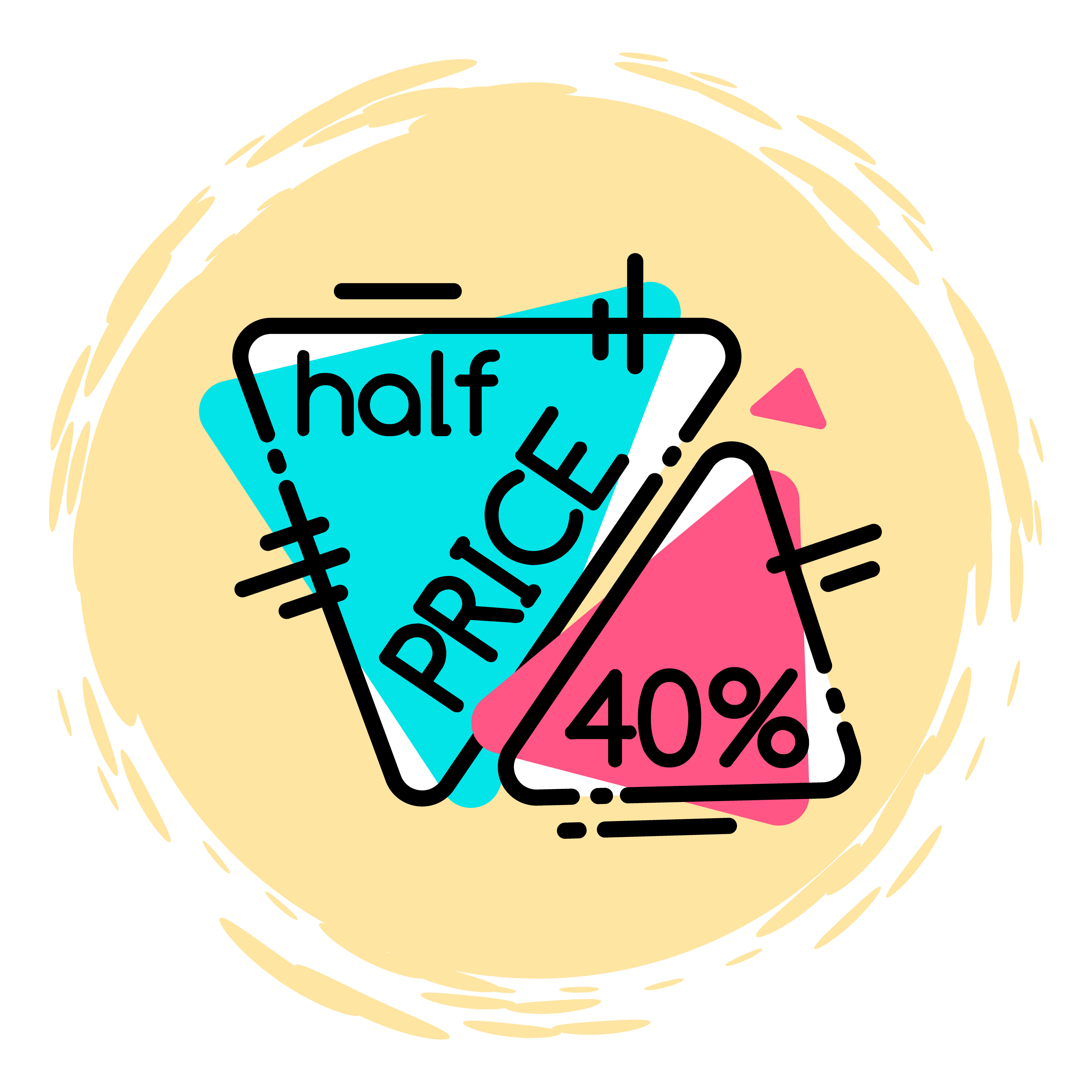 Half price discount and 40 percent off isolated triangle on round brush strokes. Vector illustration of hand drawn circle price off label with painted elements, memphis style promo sticker frame. Half Price Discount and 40 Percent Off Isolated
