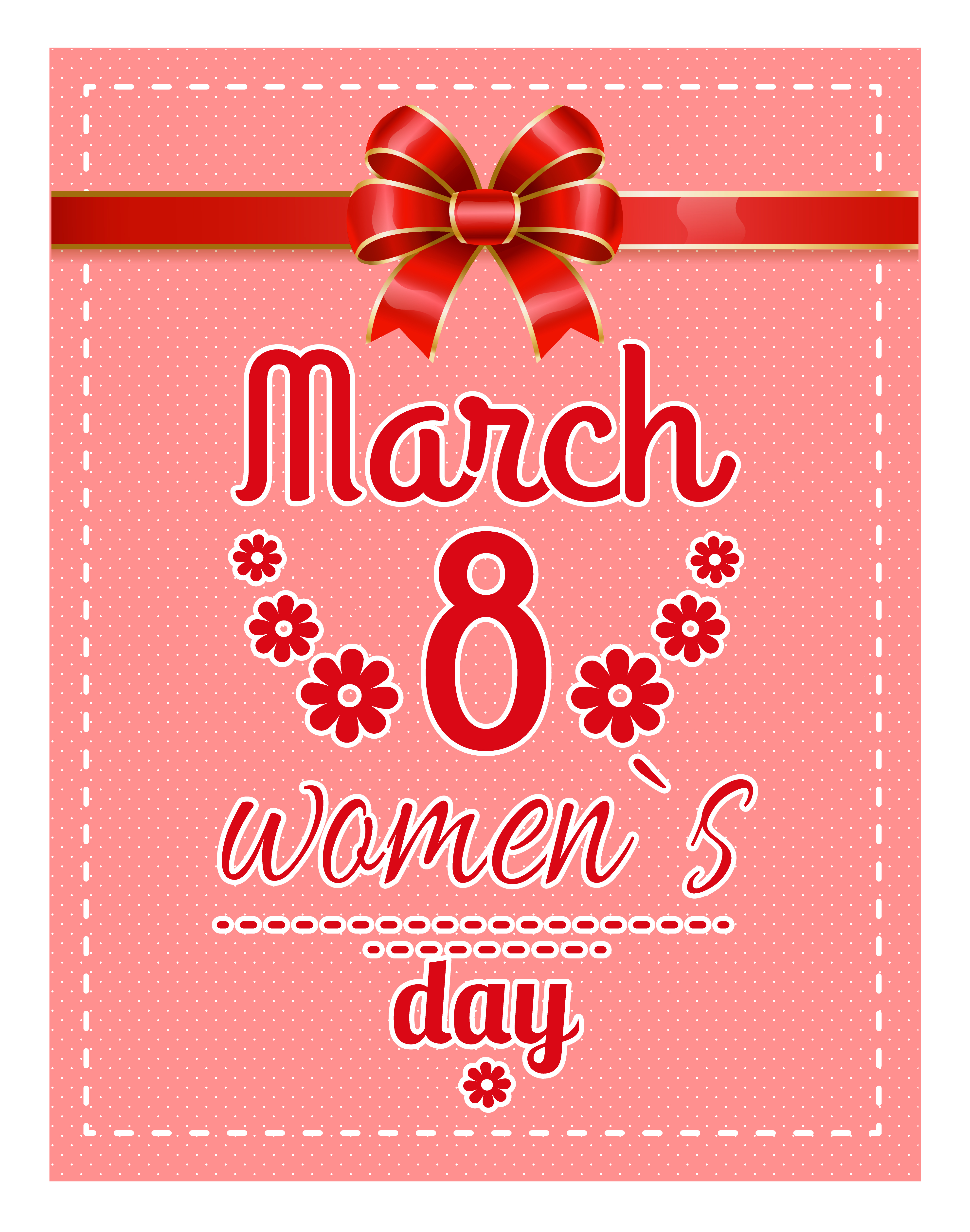Spring congratulation poster of womens international holiday 8 March. Postcard ladies day decorated by ribbon and bow symbol in red color. Greeting happy festive for female with best wishes vector. Greeting Postcard 8 March, Womens Day Card Vector