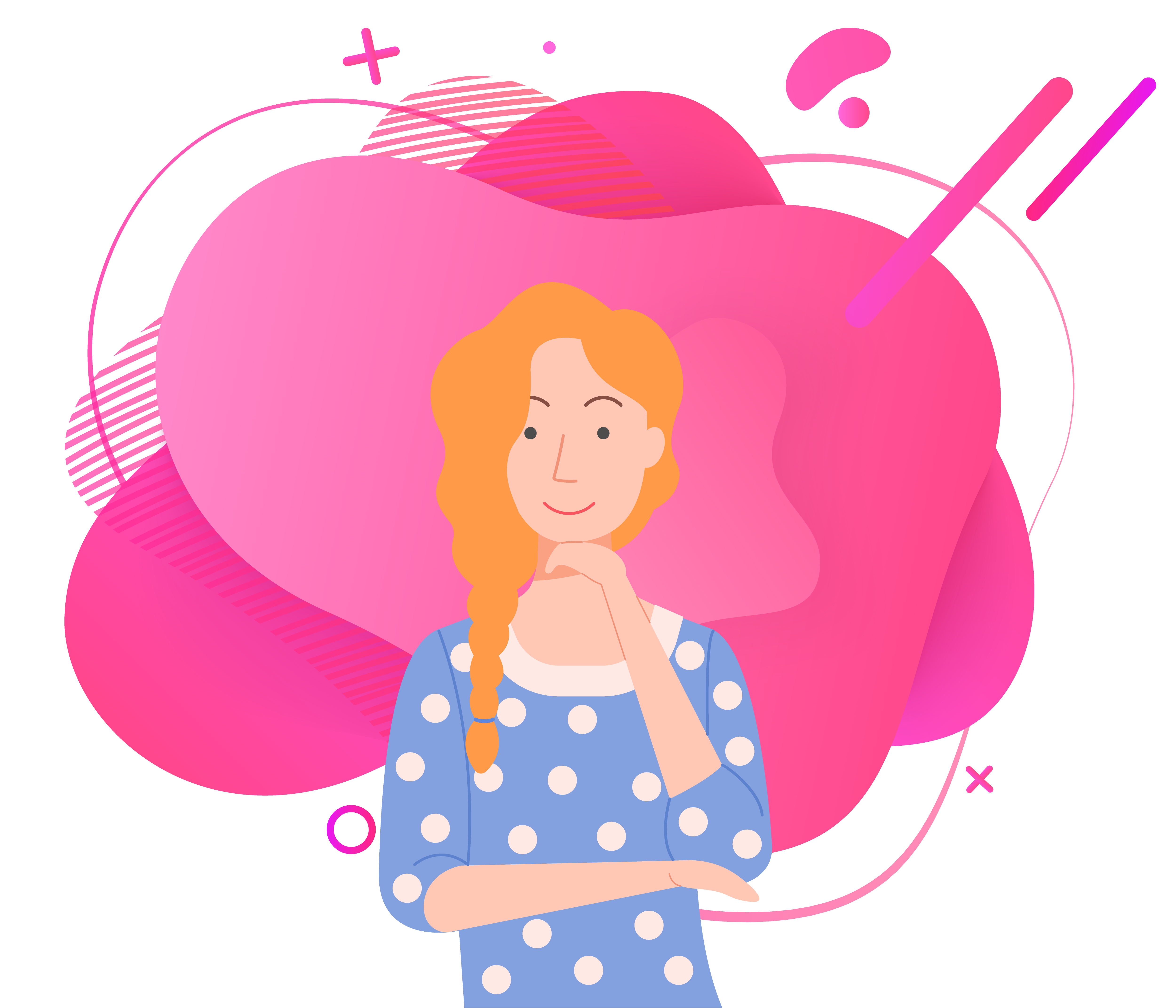 Charming young woman with ginger braid on one side touching her chin while posing. Red haired girl and abstract pink circles background vector illustration. Young Woman Posing Touching Chin Vector Image