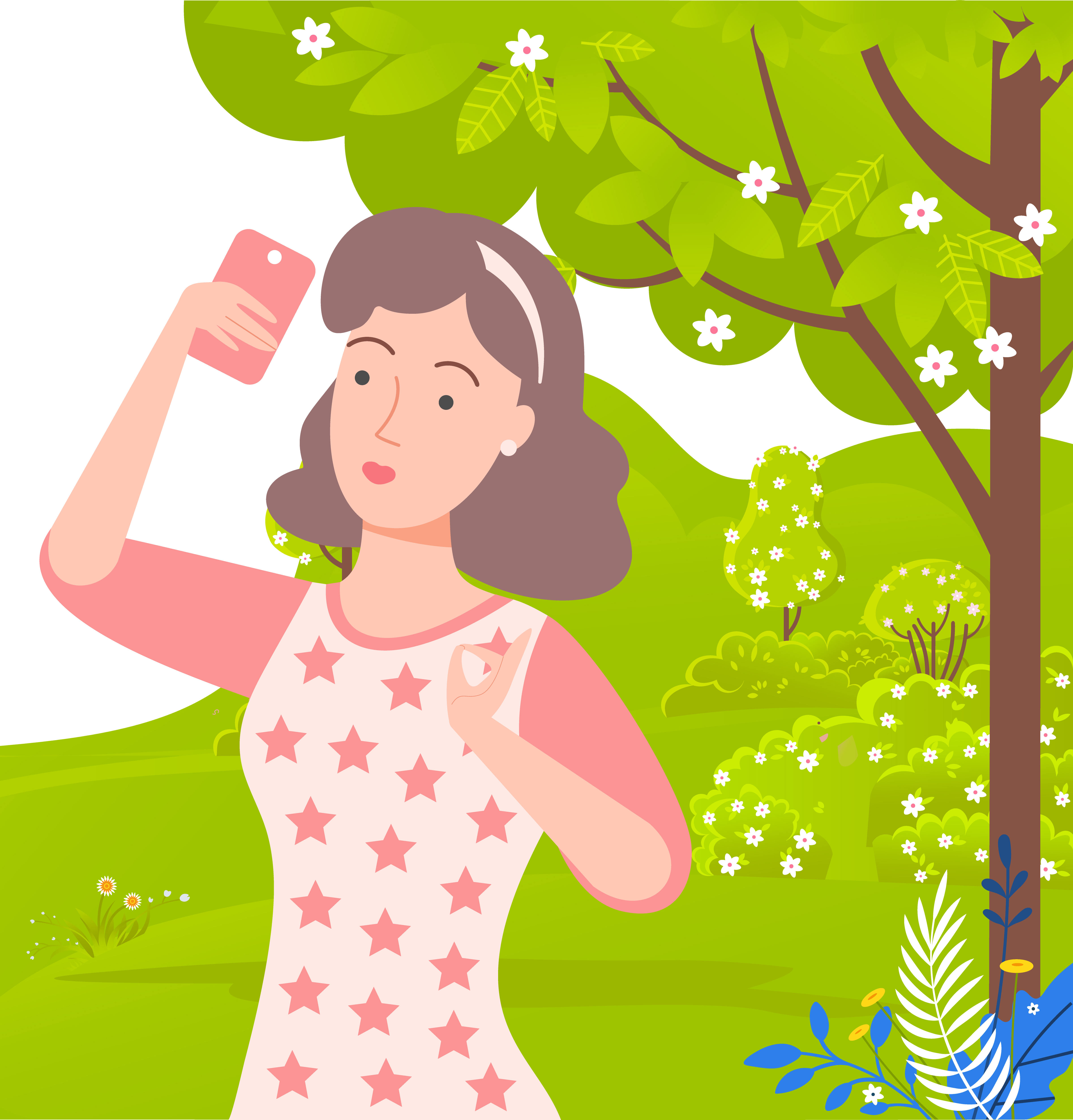 Female taking selfie with help of smartphone, woman on nature with trees. Photo on blooming tree background, meadow with greenery and bushes foliage. Vector illustration in flat cartoon style. Woman on Nature Posing Female Taking Selfie Vector