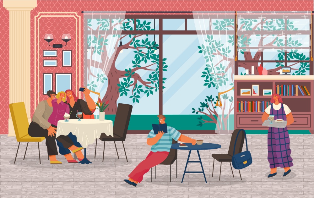 Friends spend leisure time together in restaurant. People having breakfast, lunch or coffee break. Waiter bring order for man sitting alone. Big windows with beautiful landscape. Vector illustration. People Have Lunch in Restaurant, Homelike Interior
