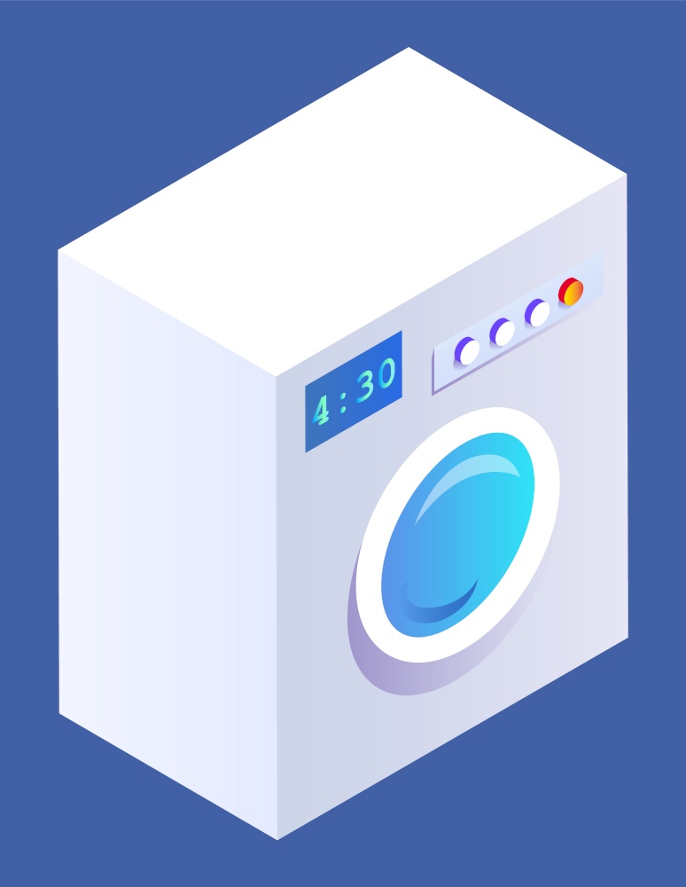 Technical device for doing laundry. Electric device isolated on blue background. Appliance for washing linen at home. Basic element of bathroom to do everyday duties. Vector isometric style. Appliance in Bathroom, Machine for Doing Laundry