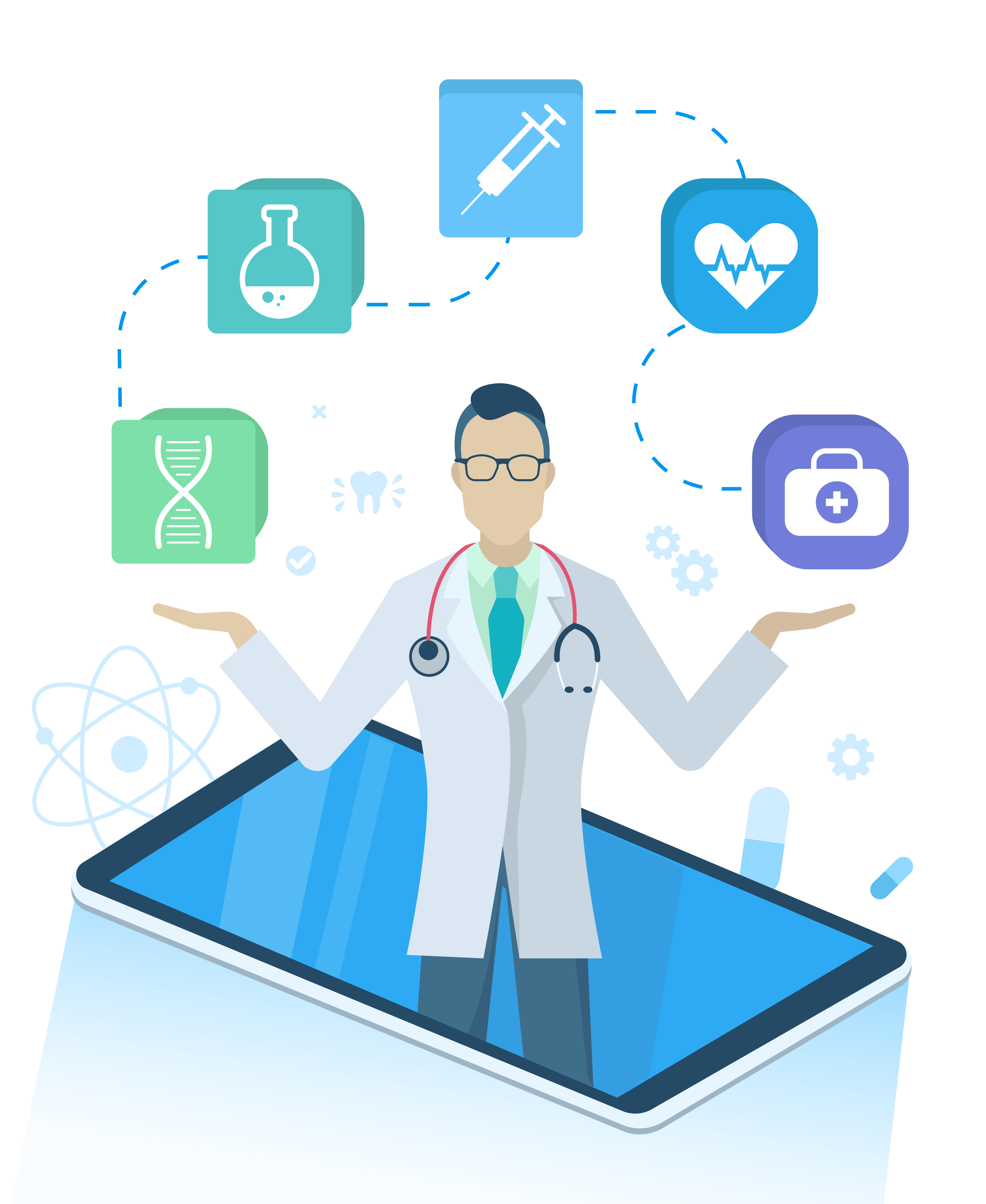 Medical program with doctor support in smartphone. Innovation technology with medical app and doc consultation online. Web clinic diagnosing disease in phone wireless device with icons vector. Medical program with Doctor in Smartphone Vector